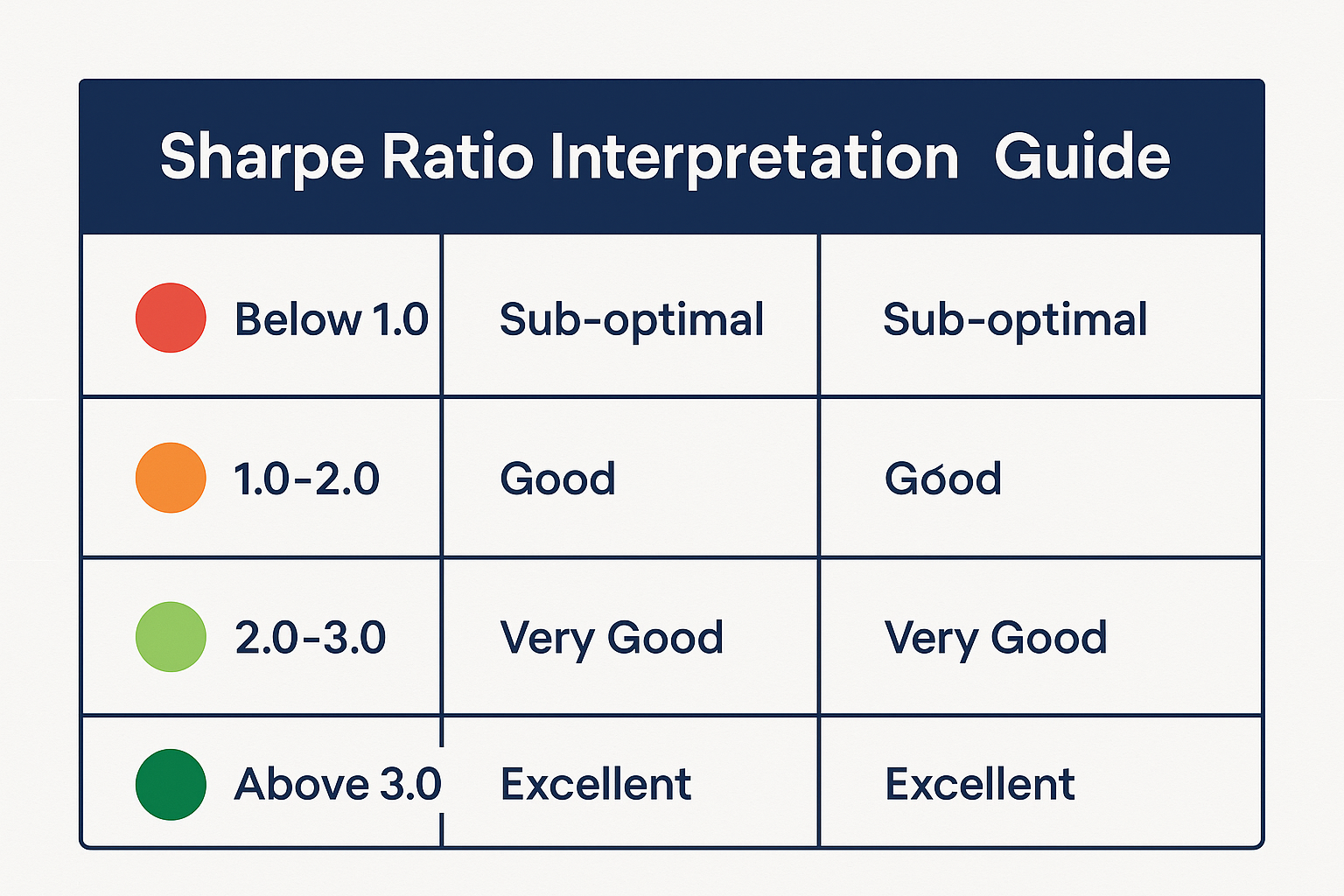 Landscape 1536x1024 comparison table infographic titled "Sharpe Ratio Interpretation Guide". Professional table design with four rows showin