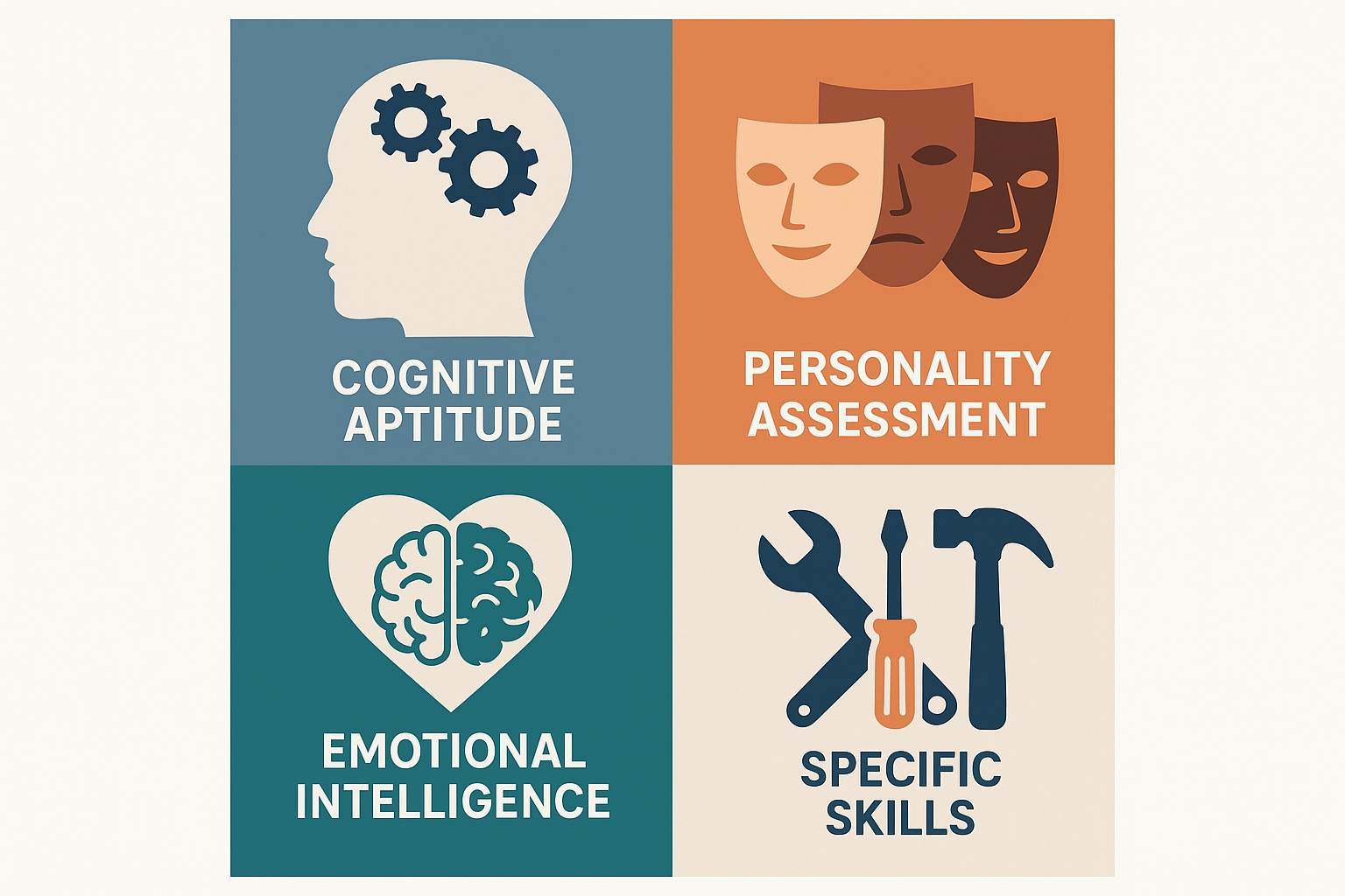 1024x1024 square A visual representation of different types of psychometric tests. Show four quadrants: cognitive aptitude (brain with gears