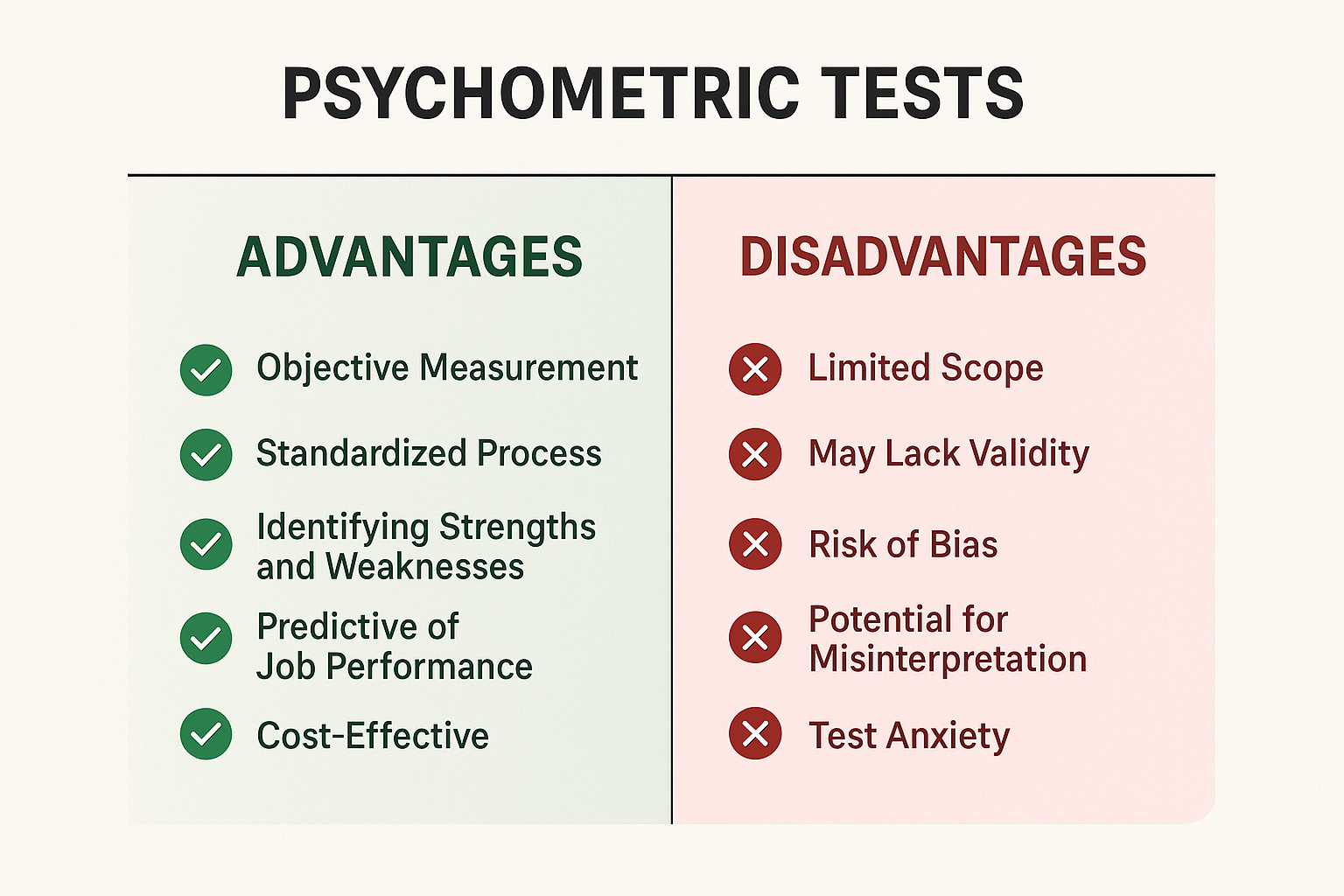 1024x1024 square A comparison chart showing advantages vs disadvantages of psychometric tests. Split the image vertically with green checkma