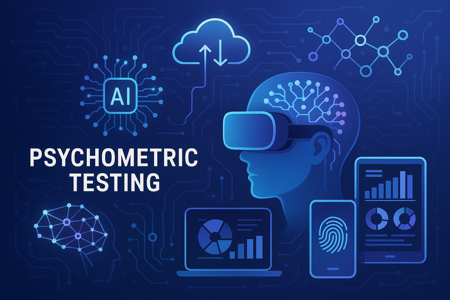 1536x1024 landscape A futuristic visualization of psychometric testing showing AI integration, VR headsets, mobile devices, and data analyti