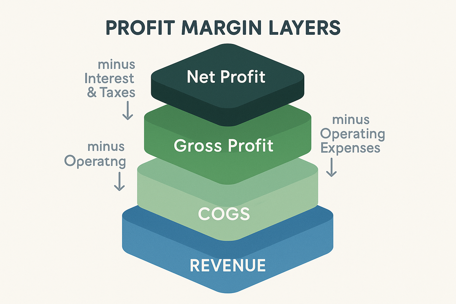 Square 1024x1024 format illustration showing a visual representation of profit margin layers. Designed like a layered cake or pyramid with f