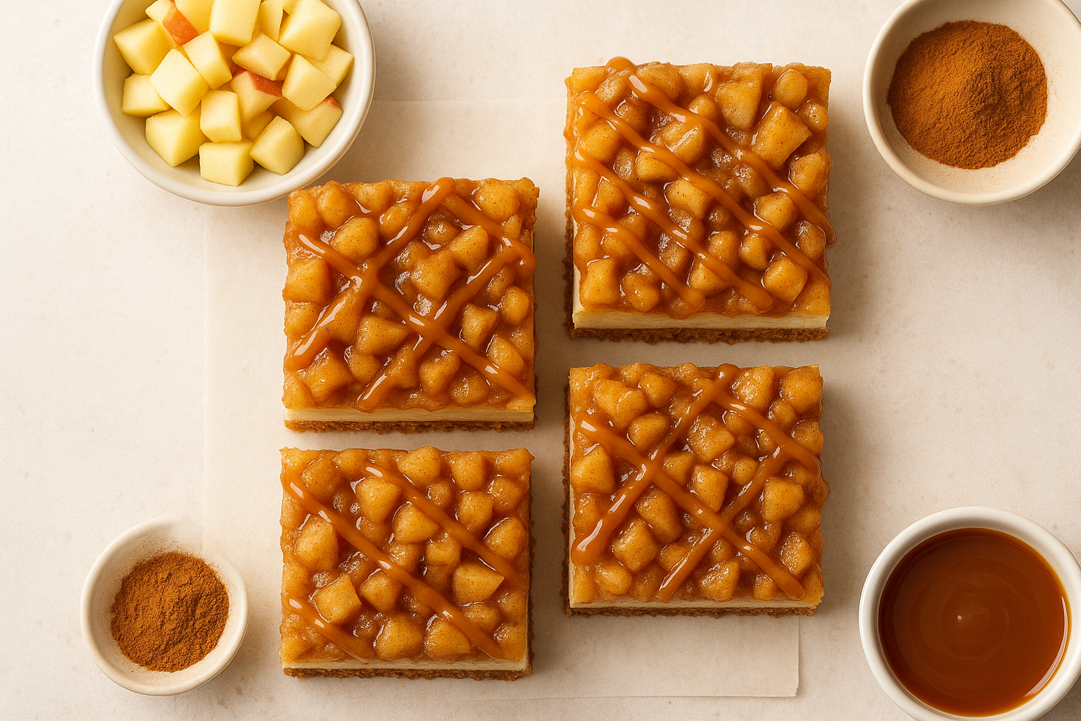 Create a 1024x1024 square image showing an overhead view of the layered components of caramel apple cheesecake bars. Display the graham crac