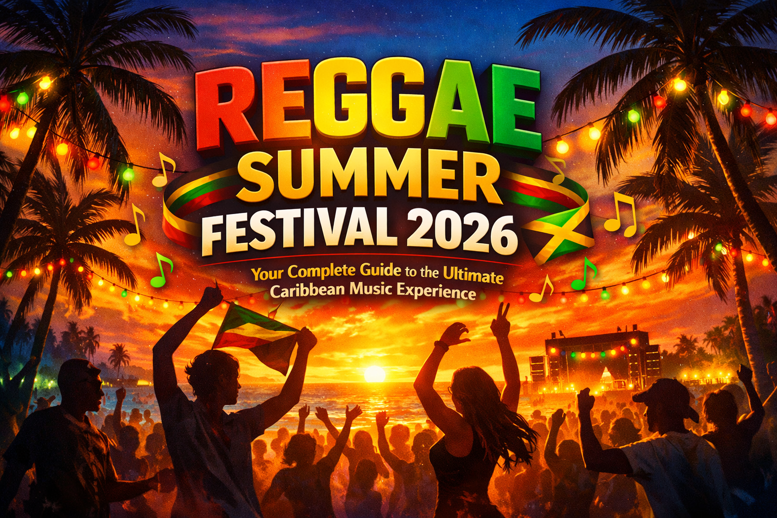 Create a vibrant 1536x1024 cover image featuring a sunset beach scene with silhouettes of people dancing to reggae music, palm trees swaying