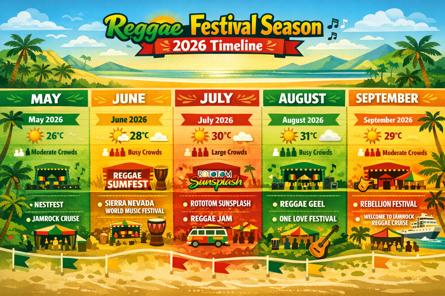 Design a 1536x1024 landscape infographic showing a timeline of reggae festival season from May to September 2026. Include colorful sections 