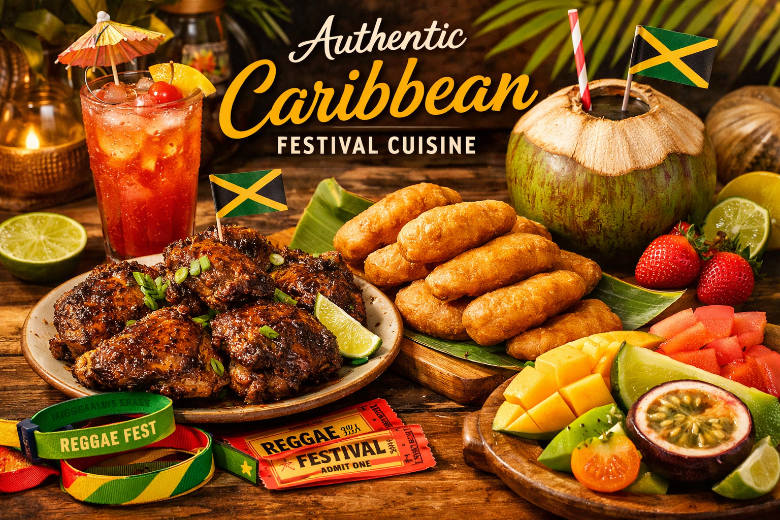 Create a 1024x1024 square image showcasing authentic Caribbean festival food and drinks. Include jerk chicken, festival bread, rum punch, co