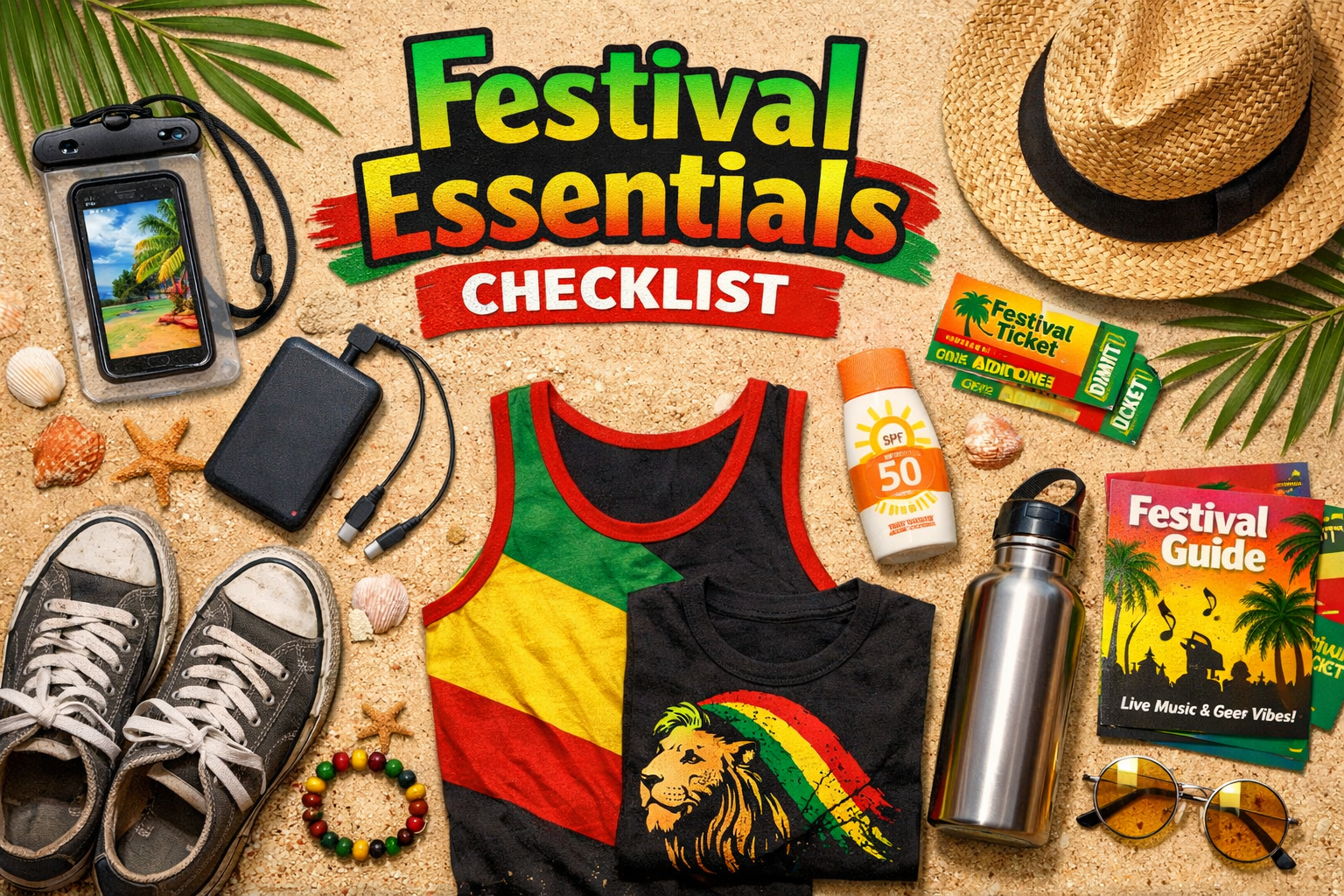 Design a 1536x1024 landscape image showing festival essentials laid out flat-lay style. Include items like waterproof phone case, portable c