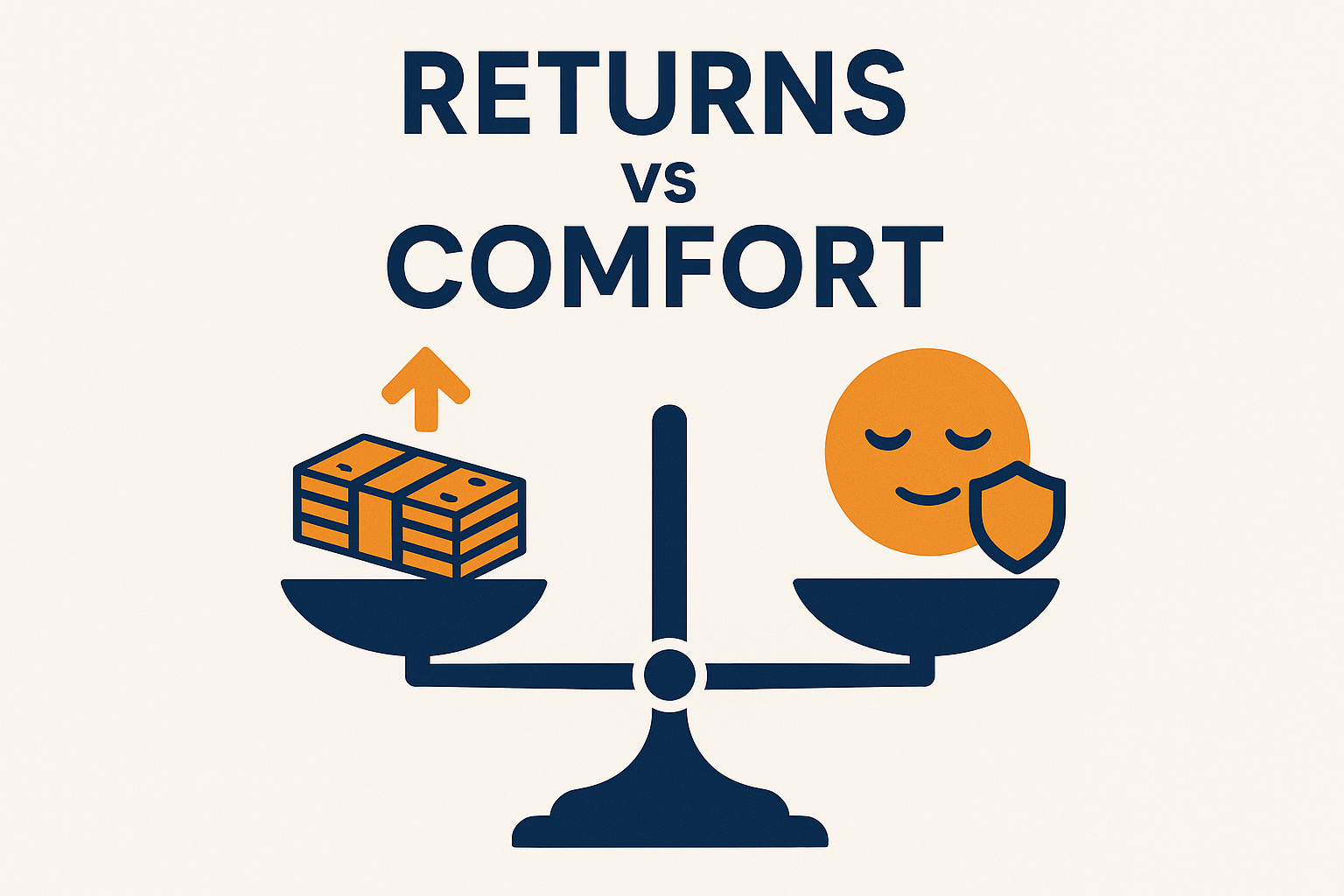 Create a 1024x1024 square illustration showing a balance scale. On the left side, stack of money with upward arrow (representing higher retu