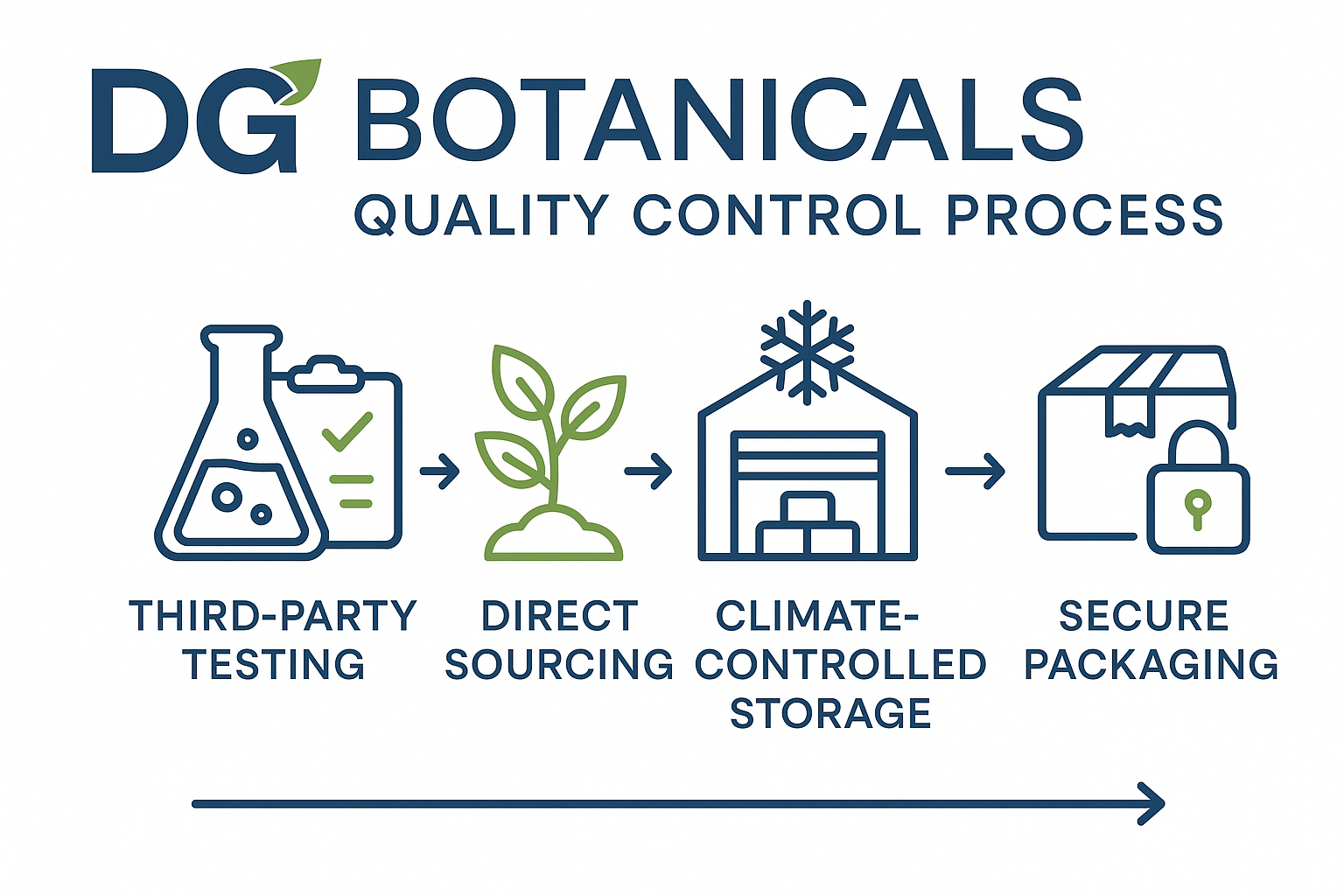 Design a 1536x1024 landscape infographic showing DG Botanicals' quality control process with icons representing lab testing, sourcing, packa