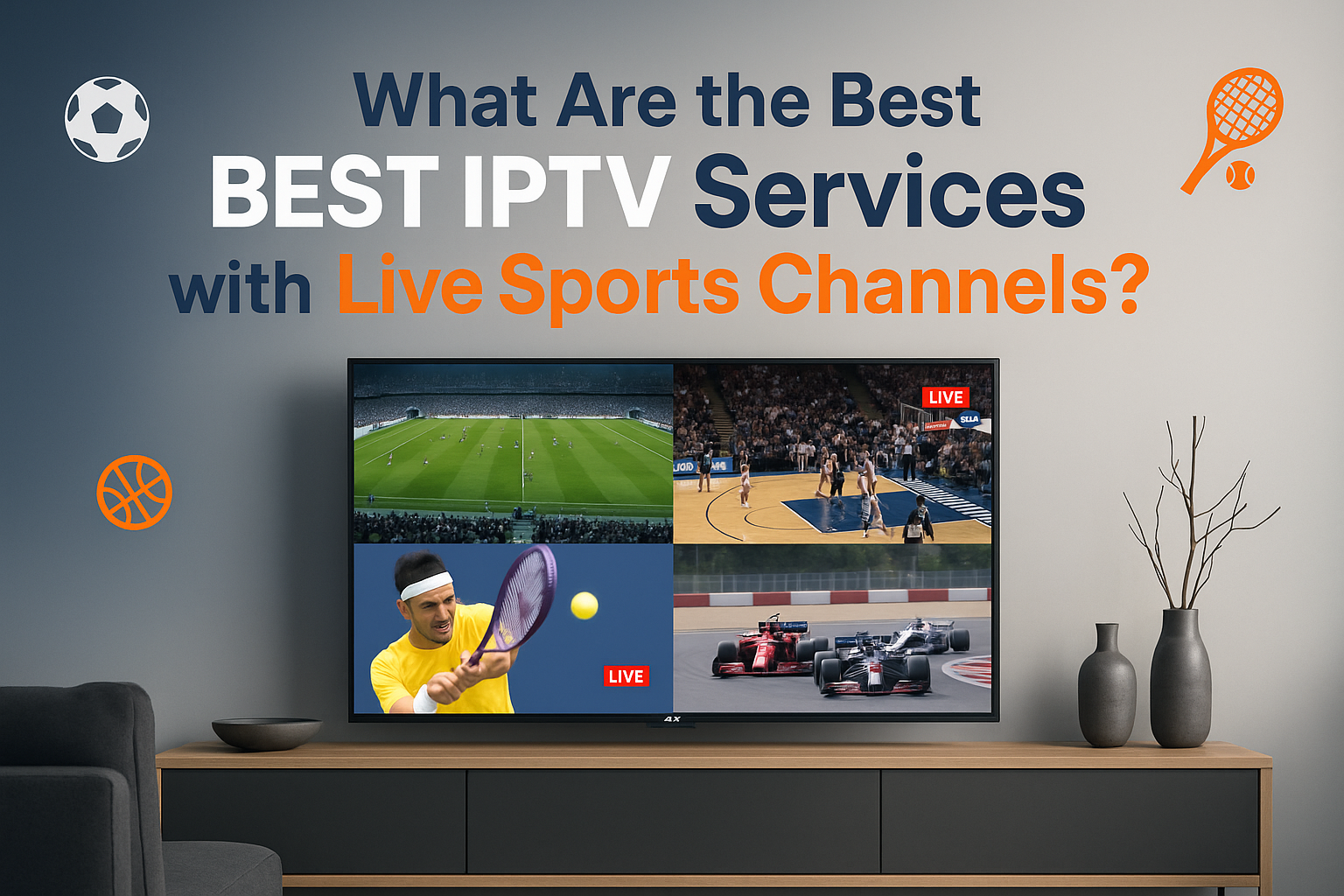 Cover image in 1536x1024 landscape format showing a modern living room with a large 4K TV displaying multiple live sports channels in a grid