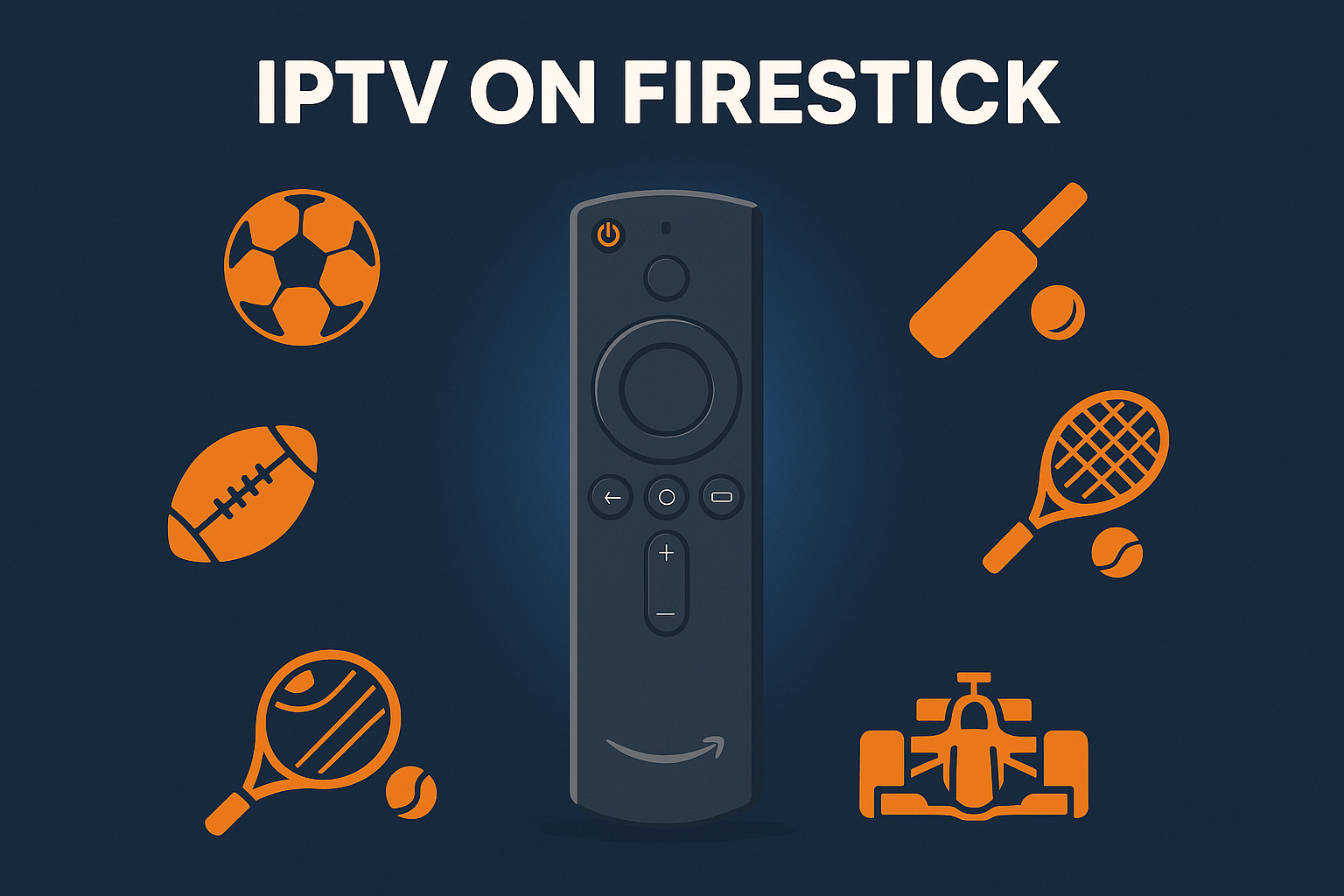 Square 1024x1024 illustration showing a Firestick device in the center surrounded by floating icons representing different sports: football/