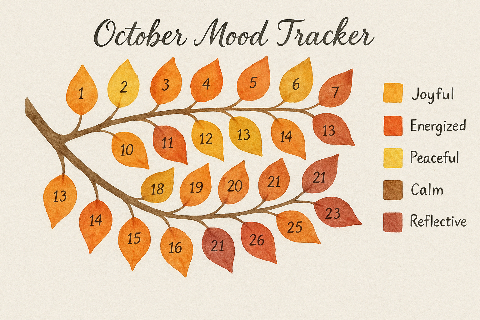 Landscape 1536x1024 format showing a beautiful mood tracker design. A hand-drawn tree branch with 31 colorful autumn leaves, each representi