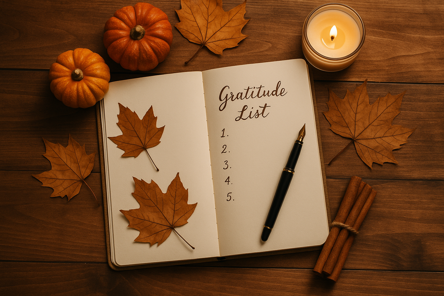 Square 1024x1024 image of an aesthetically arranged journaling flat lay. Open journal with handwritten gratitude list, fountain pen, pressed