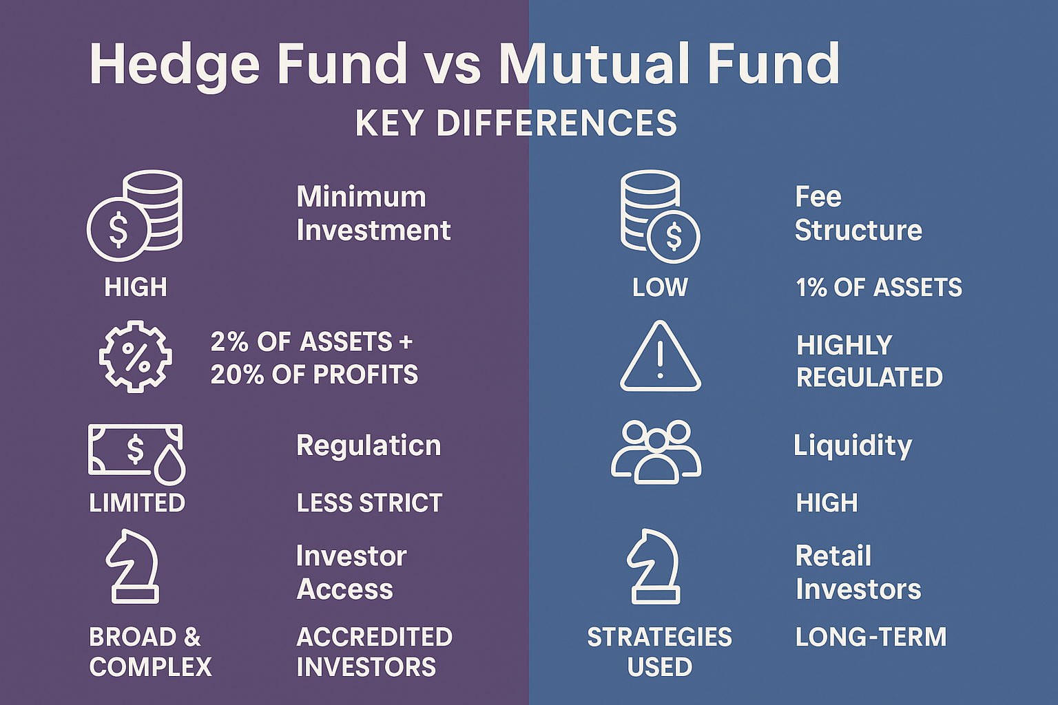 Infographic in 1536x1024 landscape format titled "Hedge Fund vs Mutual Fund: Key Differences" at the top in bold text. Split-screen comparis