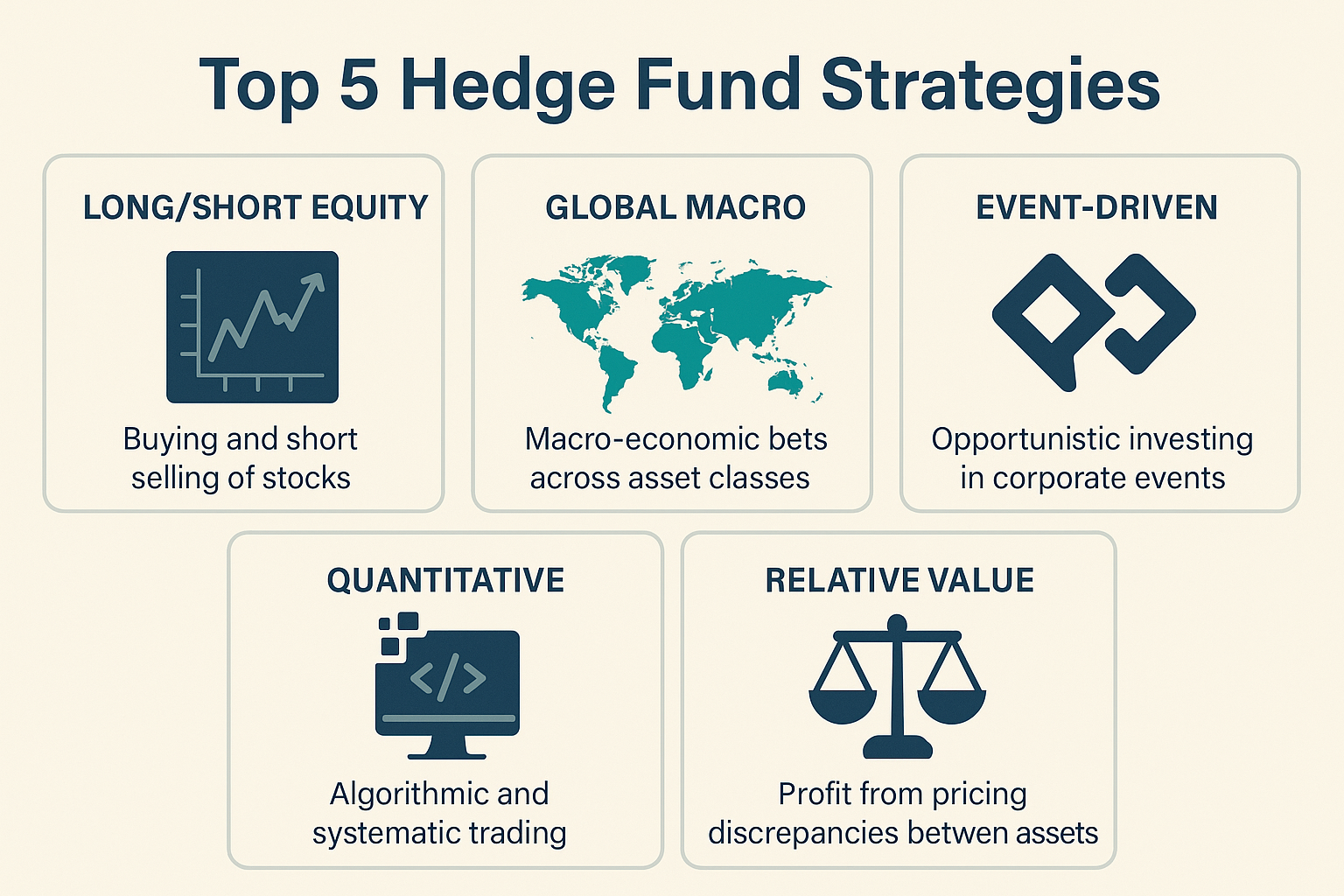 Infographic in 1536x1024 landscape format titled "Top 5 Hedge Fund Strategies" with five distinct sections arranged in a grid or flow patter