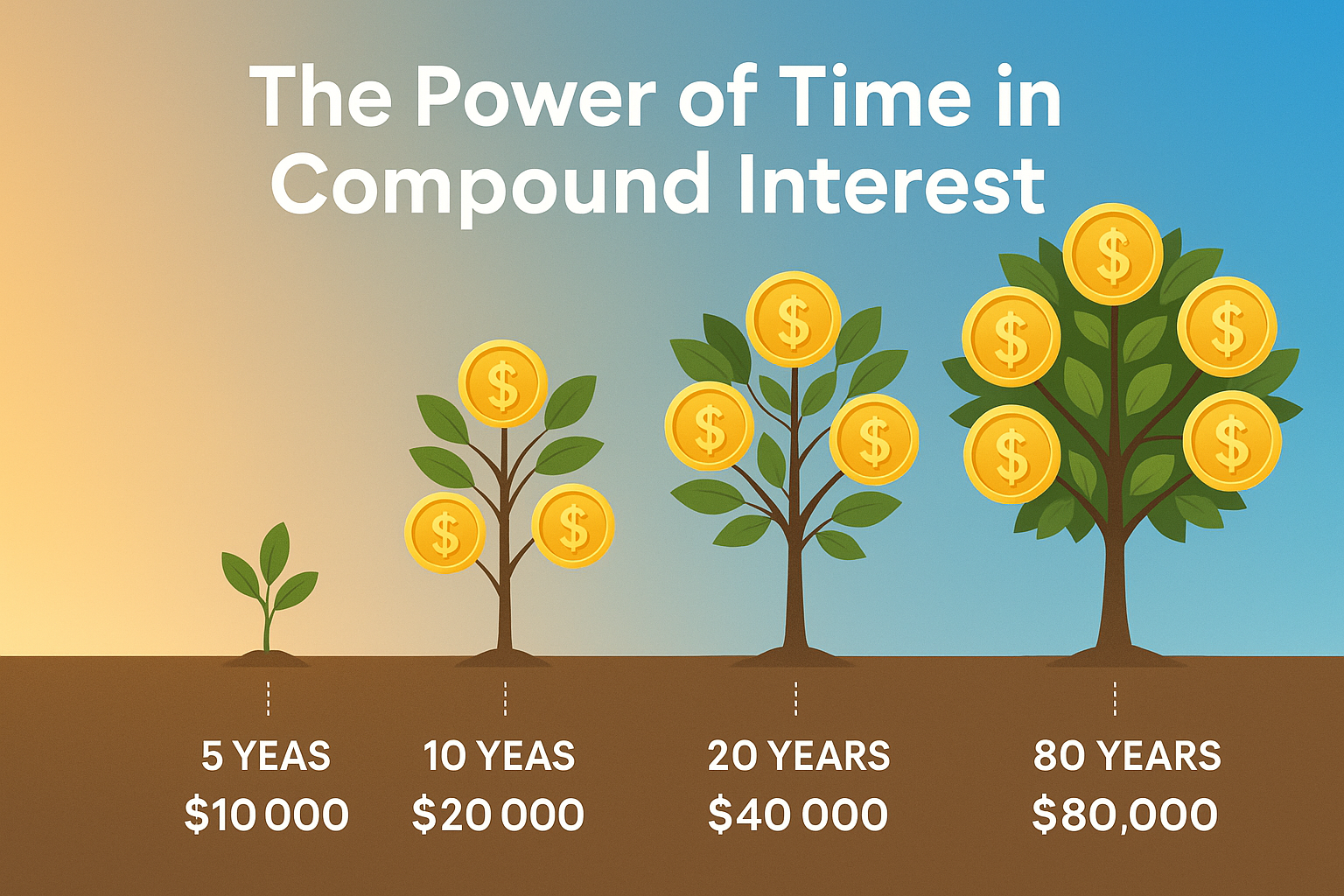 Landscape format (1536x1024) showing a visual timeline of compound interest growth. Starting with a small seedling on the left, growing into