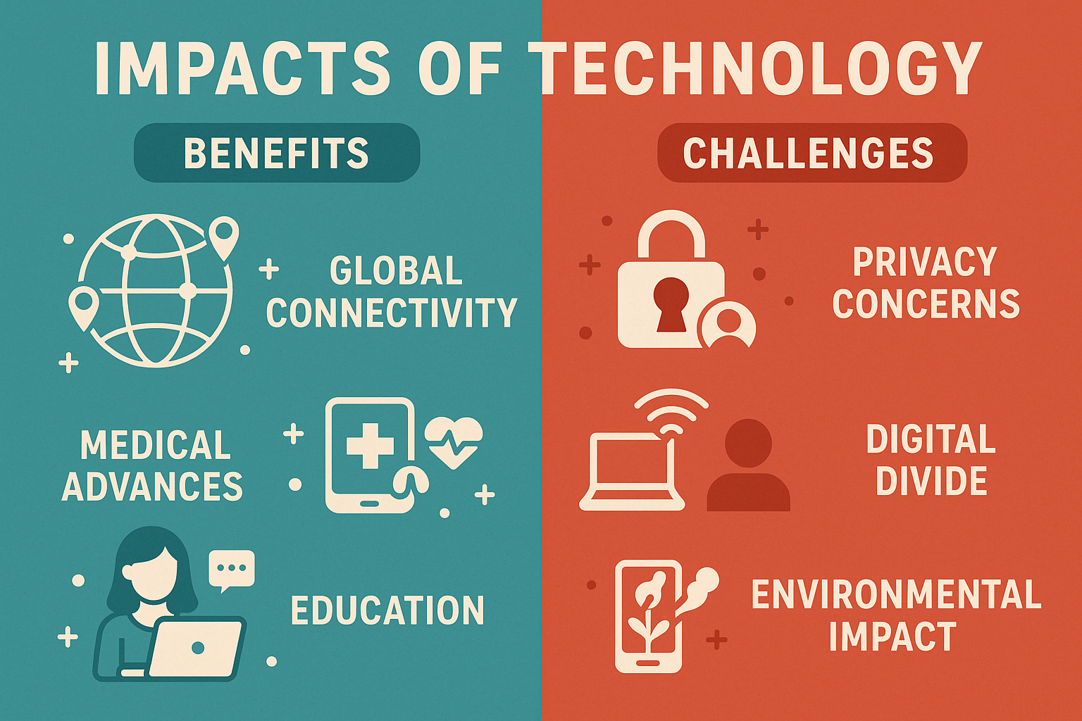 Create a 1536x1024 landscape image showing the positive and negative impacts of technology on society. Split the image into two halves: left
