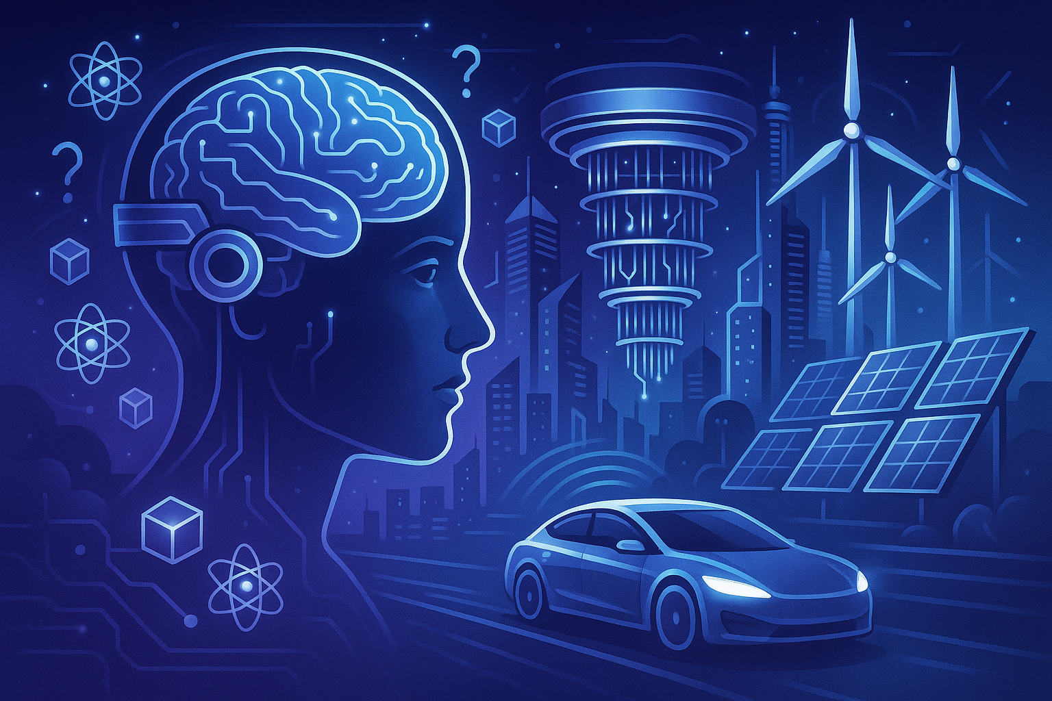 Create a 1024x1024 square illustration depicting the future of technology. Show emerging technologies like brain-computer interfaces, quantu