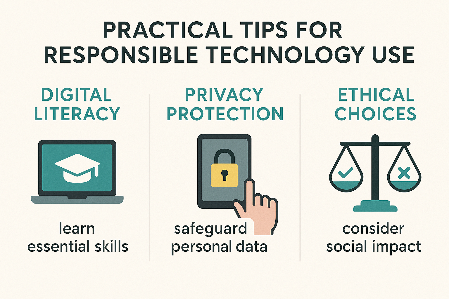 Create a 1536x1024 landscape infographic showing practical tips for responsible technology use. Display sections for "Digital Literacy," "Pr