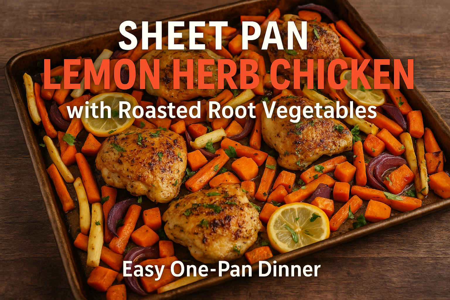 Create a stunning landscape cover image (1536x1024) featuring a beautifully roasted sheet pan of golden-brown lemon herb chicken pieces nest