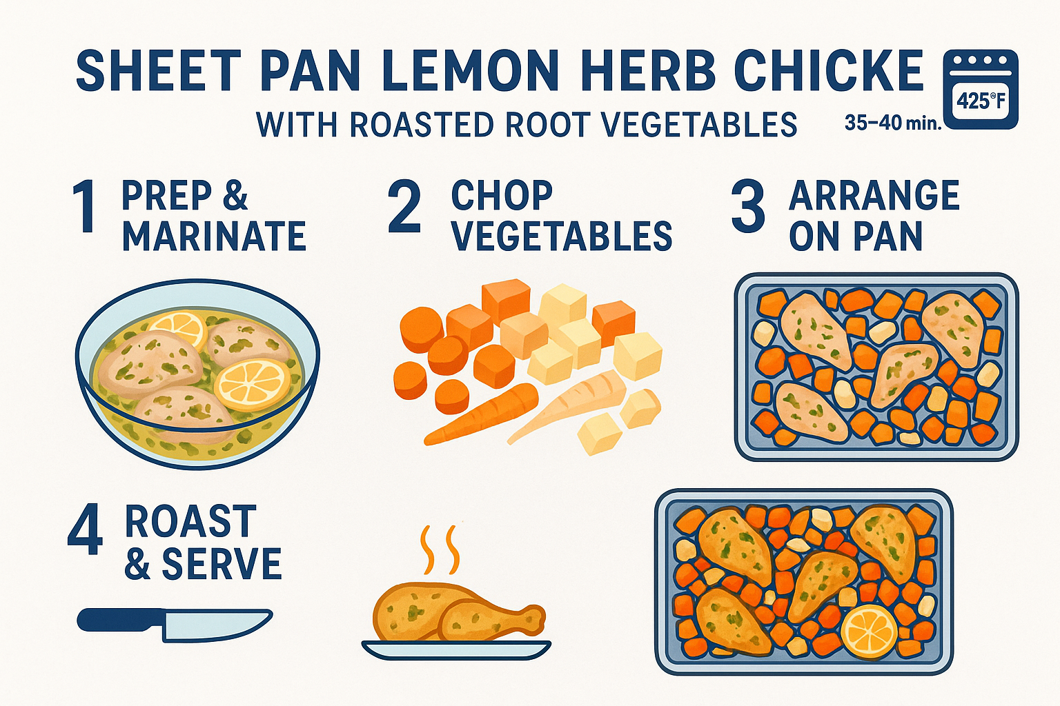 Create a landscape infographic (1536x1024) showing the step-by-step process for making Sheet Pan Lemon Herb Chicken with Roasted Root Vegeta