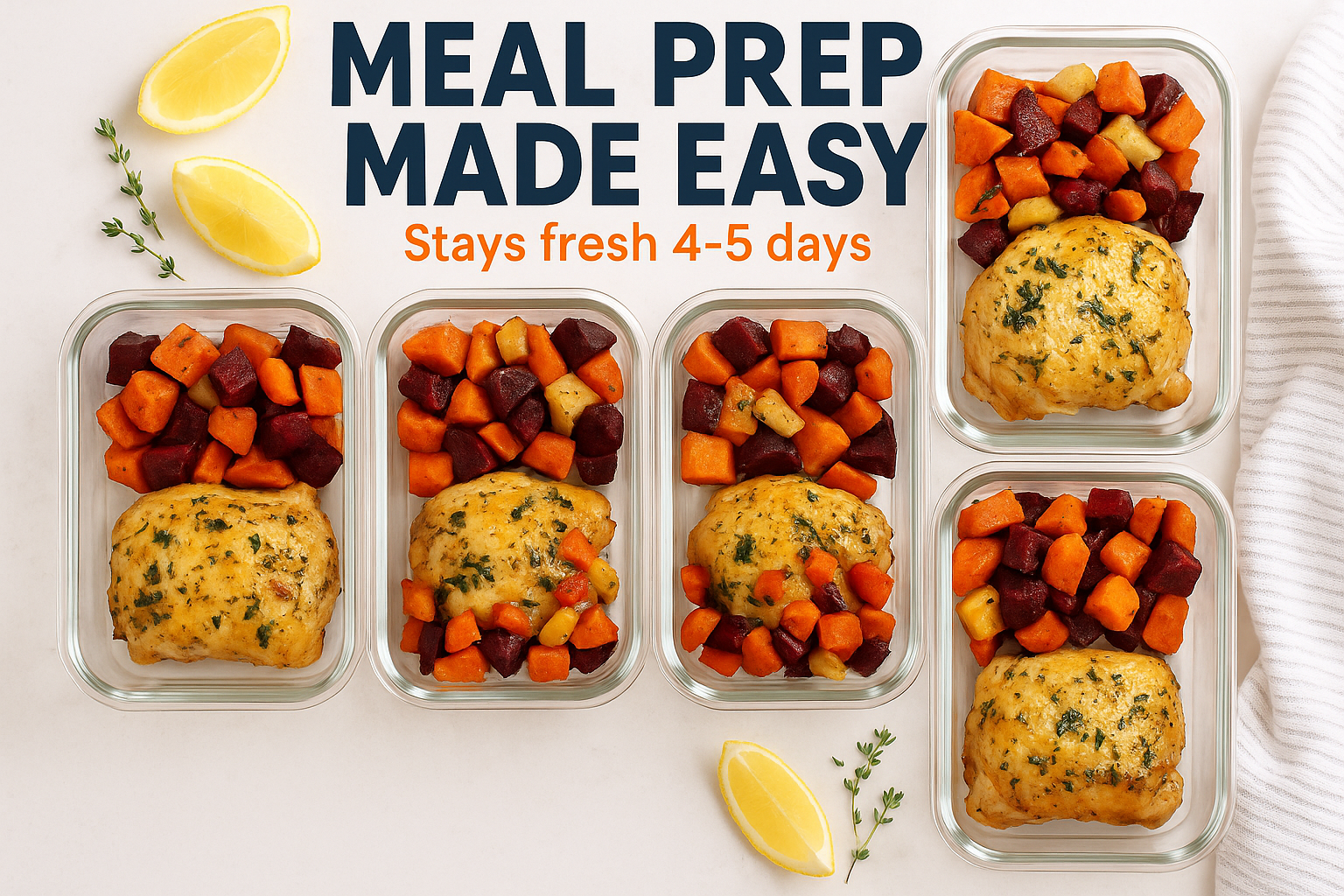 Create a landscape image (1536x1024) showing meal prep containers filled with portioned Sheet Pan Lemon Herb Chicken with Roasted Root Veget