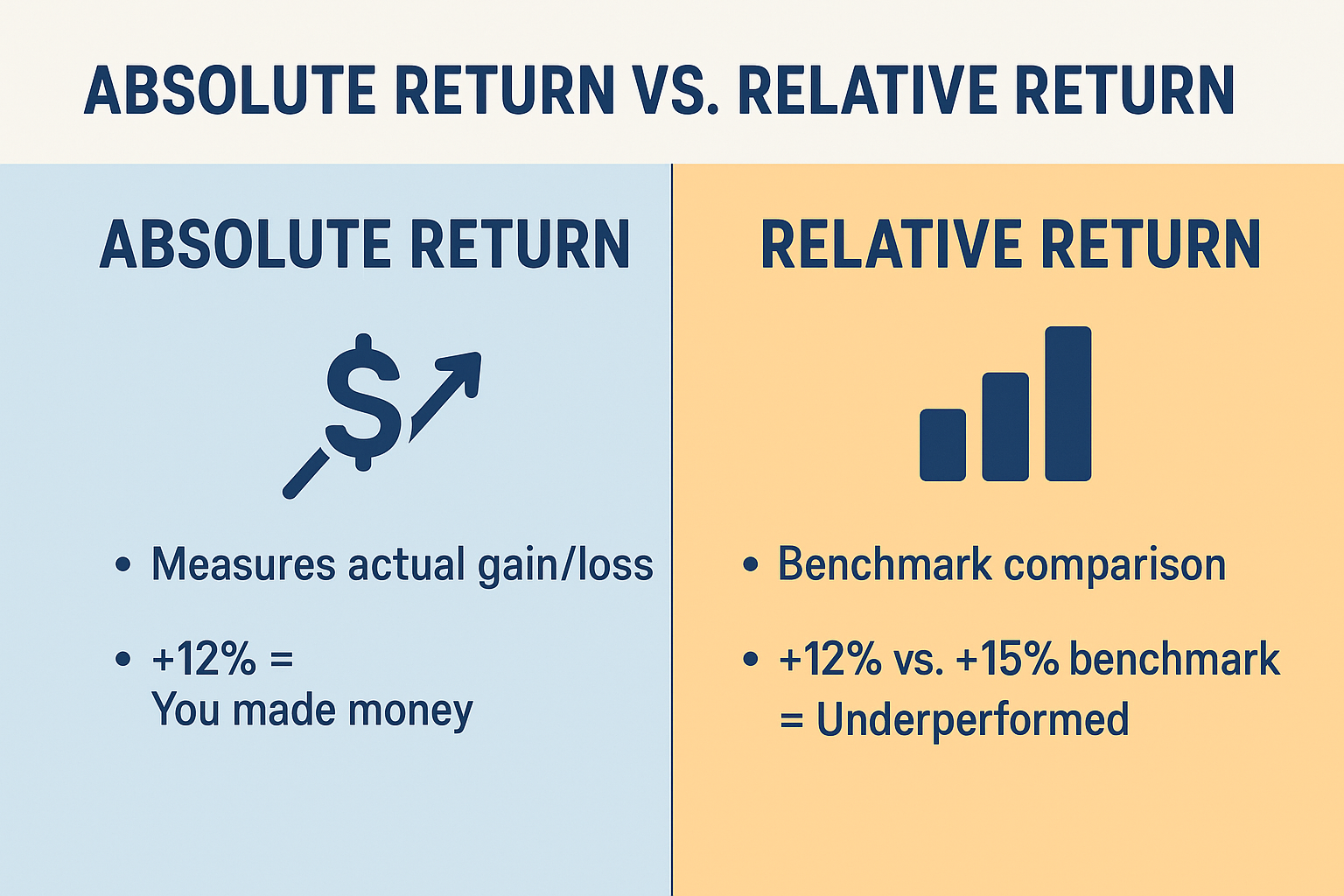 Create a 1536x1024 landscape comparison infographic titled "Absolute Return vs. Relative Return" at the top in bold navy text. Split the ima