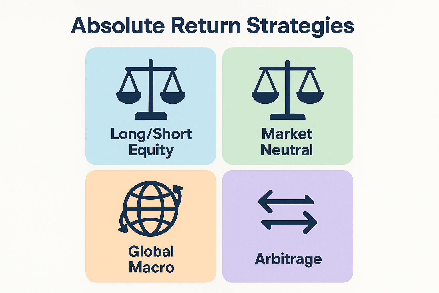 Create a 1024x1024 square illustration showing different absolute return investment strategies. Title at top: "Absolute Return Strategies" i