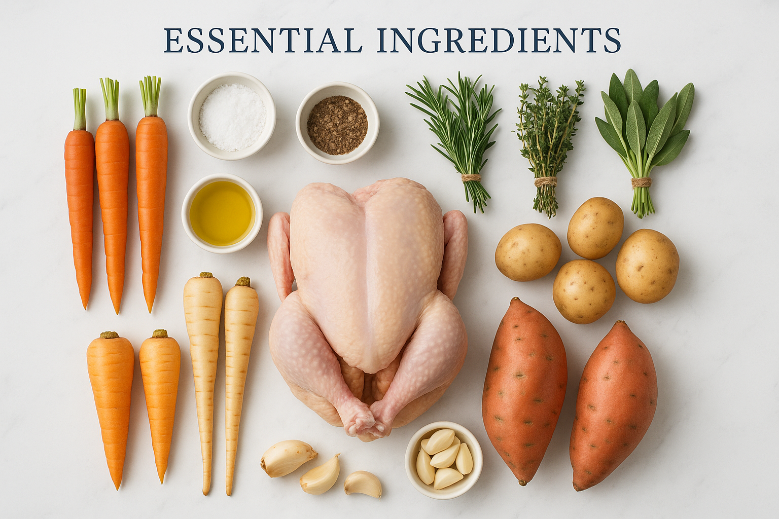 A 1024x1024 square image showing an overhead flat lay of all essential ingredients beautifully arranged: whole raw chicken in center, surrou