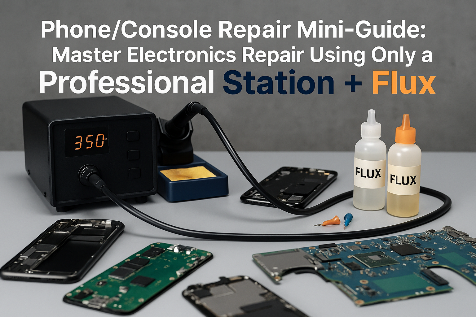 Cover image - Create a 1536x1024 landscape cover image showing a modern electronics repair workspace with a professional soldering station p