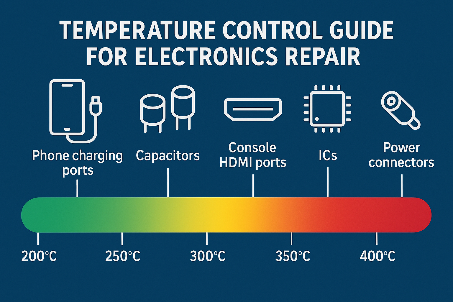 Create a 1536x1024 landscape infographic showing temperature guidelines for different electronic components. Display a visual temperature sc