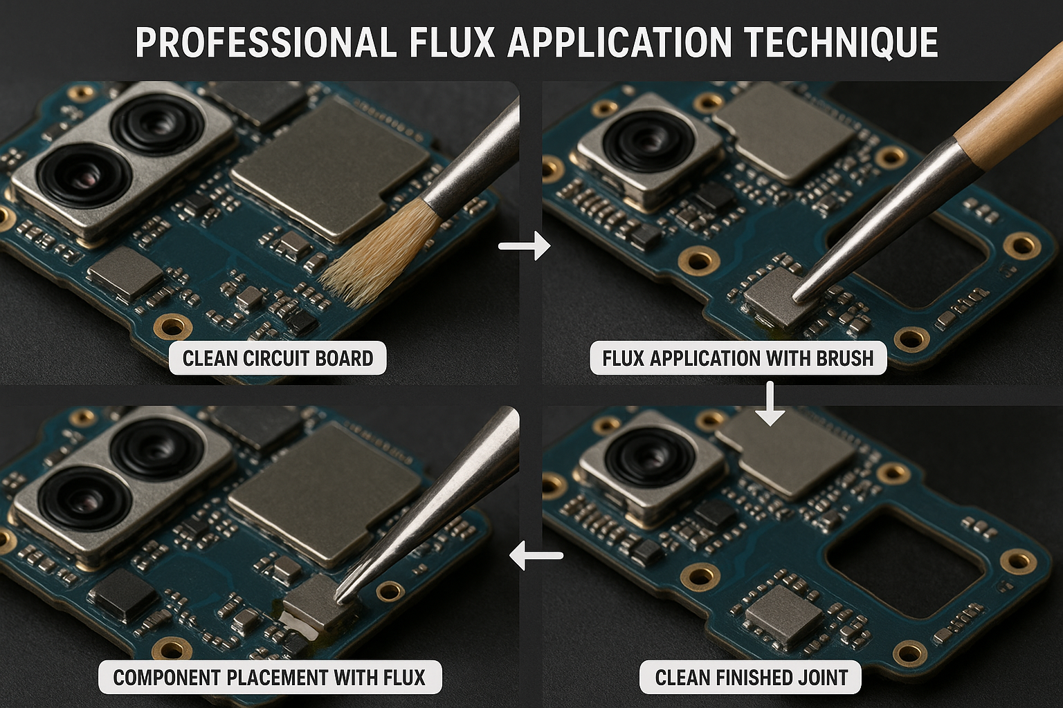 Create a 1024x1024 square image showing a step-by-step flux application process on a smartphone circuit board. Display four panels showing: 