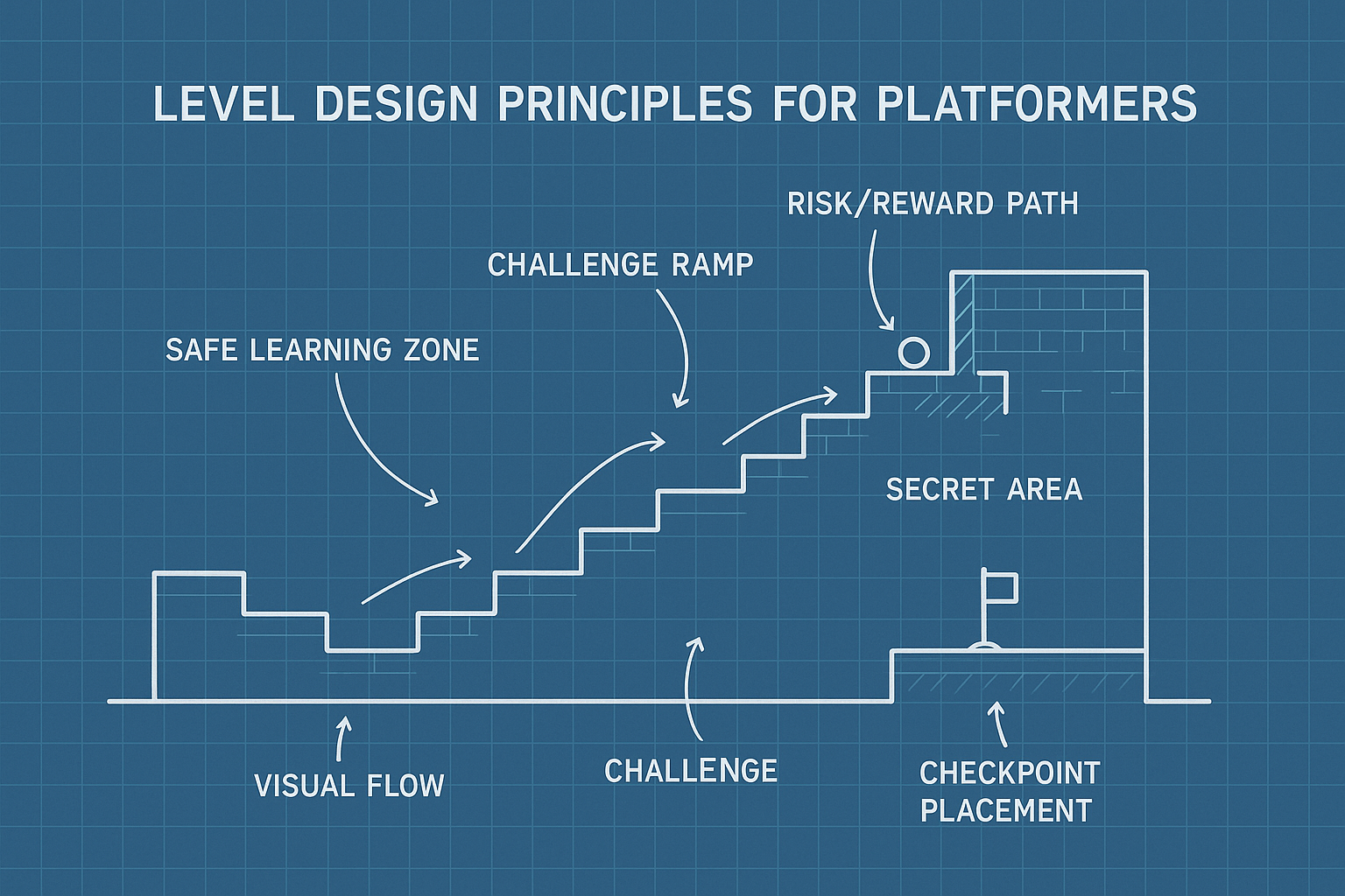 Platformer Game Design: landscape diagram showing level design principles for platformers. Display a cross-section view of a level with labeled e