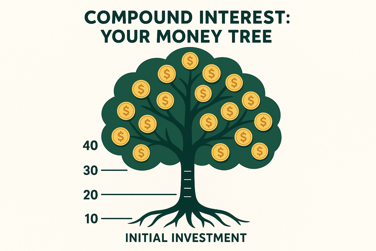 Square 1024x1024 illustration showing compound interest growth visually. A stylized tree with coins as leaves, trunk labeled with years (10,