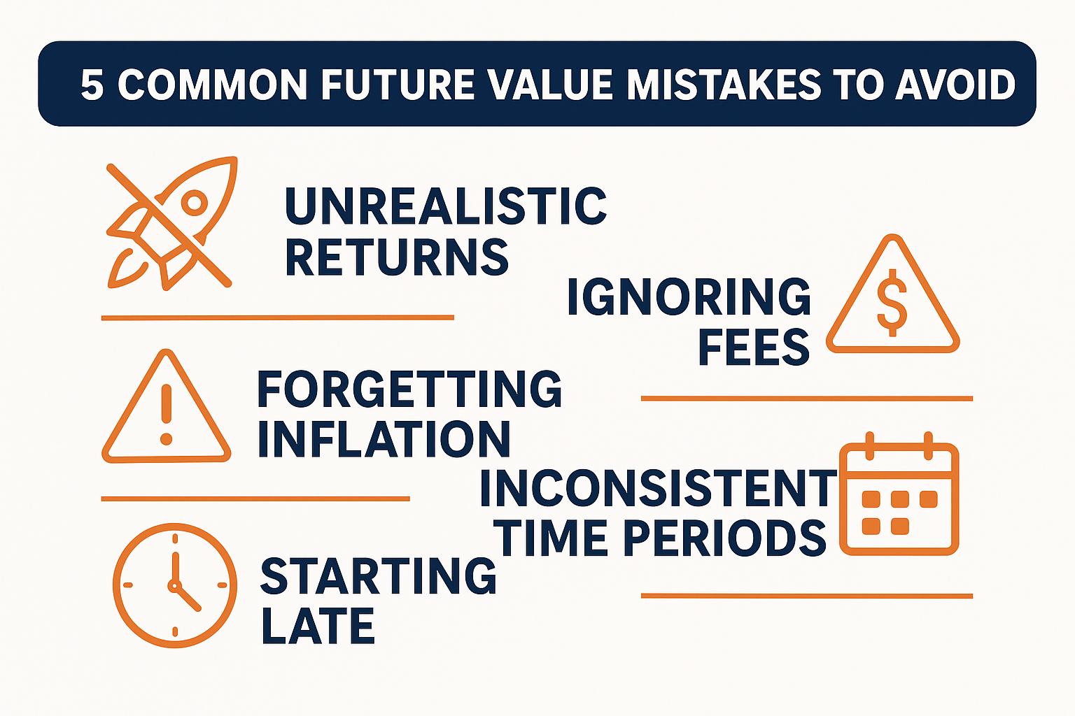 Infographic in 1536x1024 landscape format showing "5 Common Future Value Mistakes to Avoid" with five distinct sections, each with an icon a