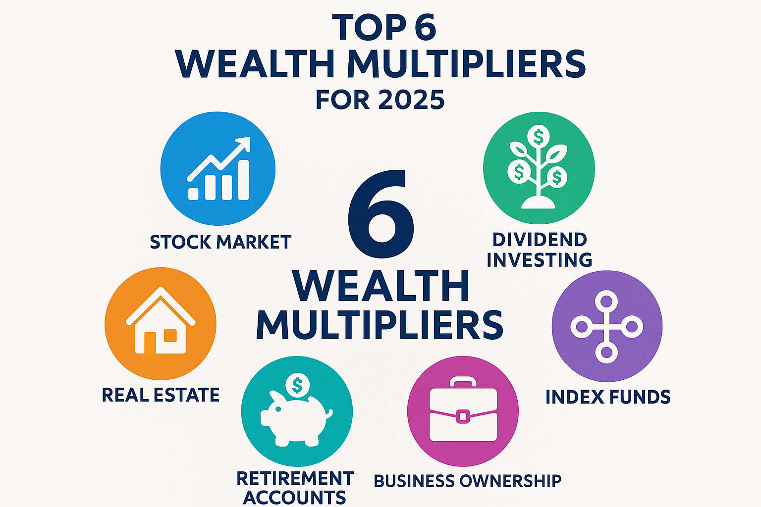 Square infographic (1024x1024) illustrating "Top 6 Wealth Multipliers for 2025" with six colorful icons arranged in a circular pattern. Each