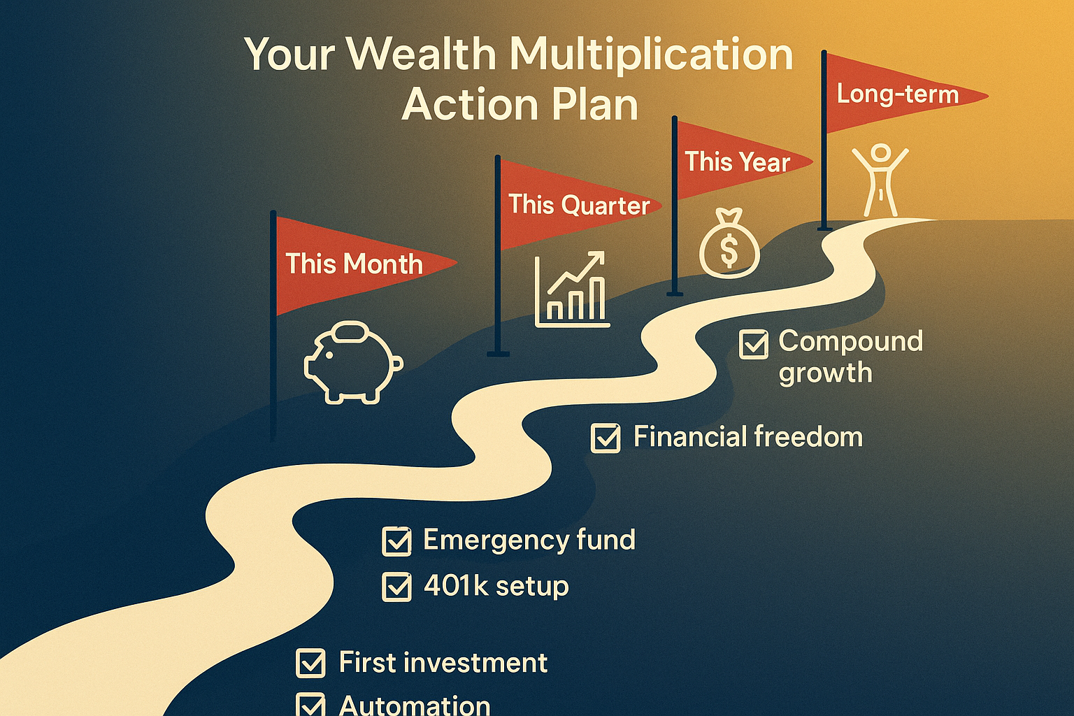 Square illustration (1024x1024) depicting "Your Wealth Multiplication Action Plan" as a roadmap or journey path. Show four stages marked wit