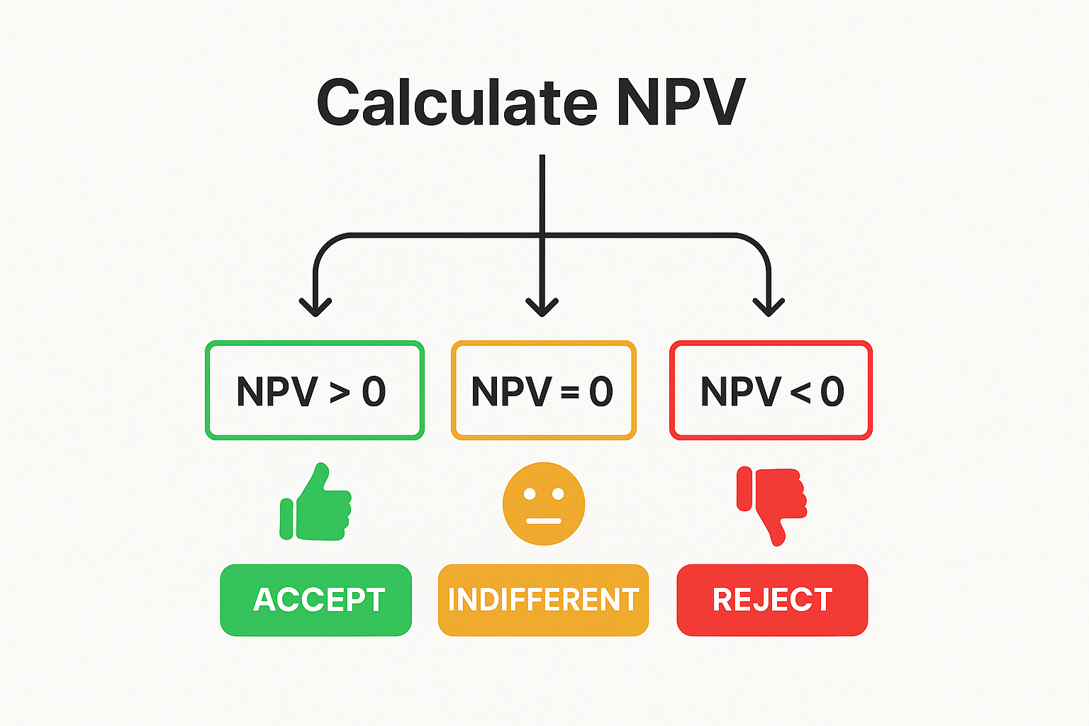 Create a square (1024x1024) illustration showing the Net Present Value decision rule. Design a simple flowchart or decision tree with three branches. At t