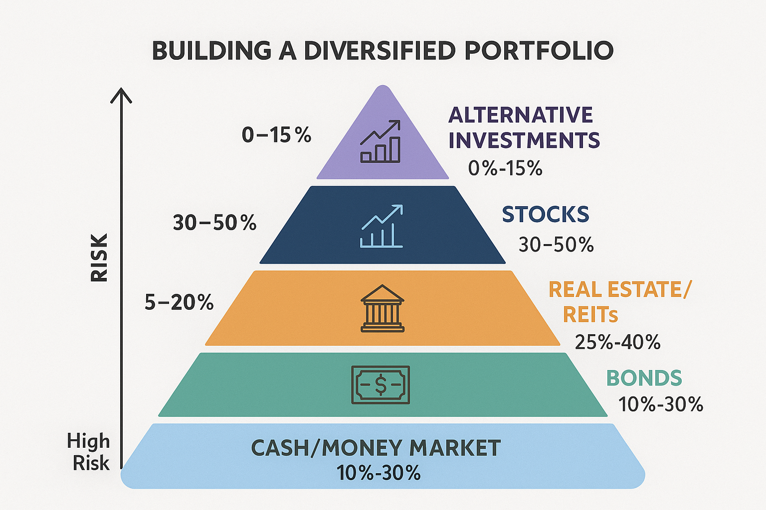 Create a square infographic (1024x1024) showing "Asset Class Diversification Pyramid". Display five tiers from bottom to top: Cash/Money Mar