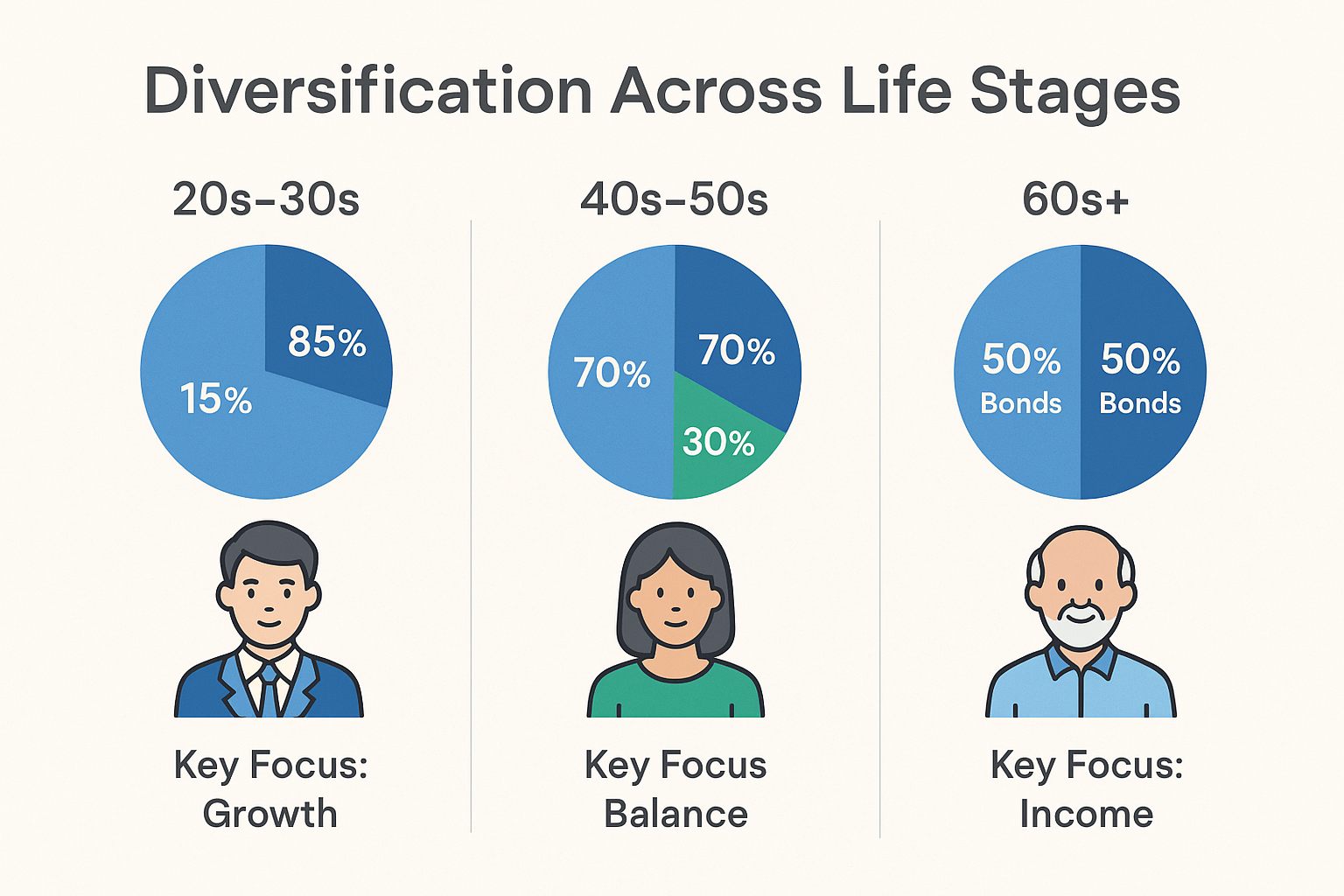 Create a landscape infographic (1536x1024) titled "Diversification Across Life Stages" showing three columns for different age groups: 20s-3