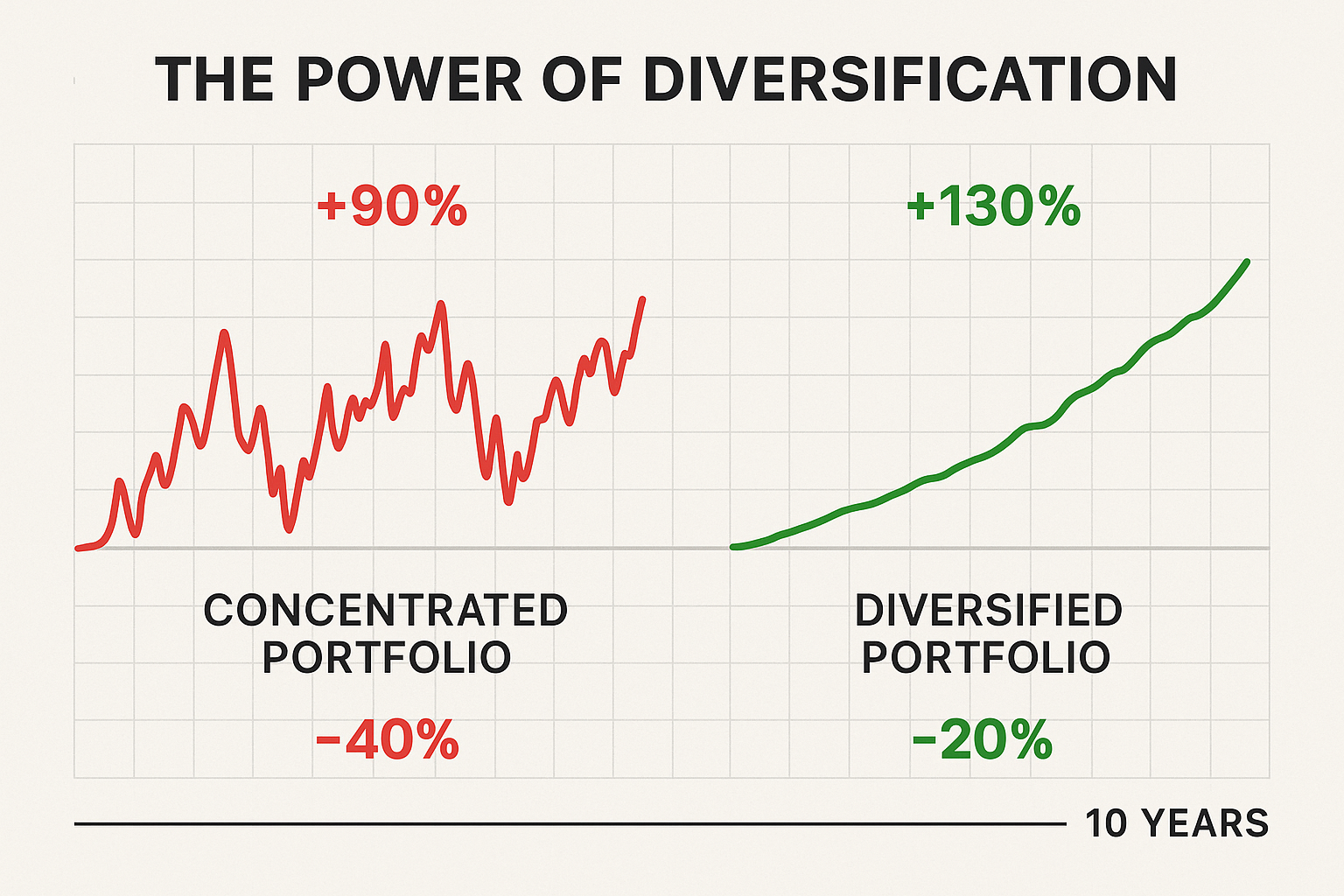 Create a square visualization (1024x1024) showing "The Power of Diversification" with two side-by-side portfolio comparisons over a 10-year