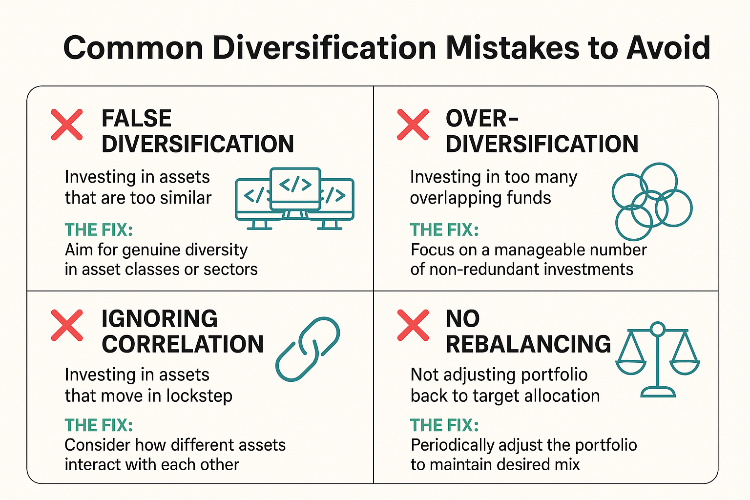 Create a landscape infographic (1536x1024) titled "Common Diversification Mistakes to Avoid" featuring four quadrants, each showing a differ