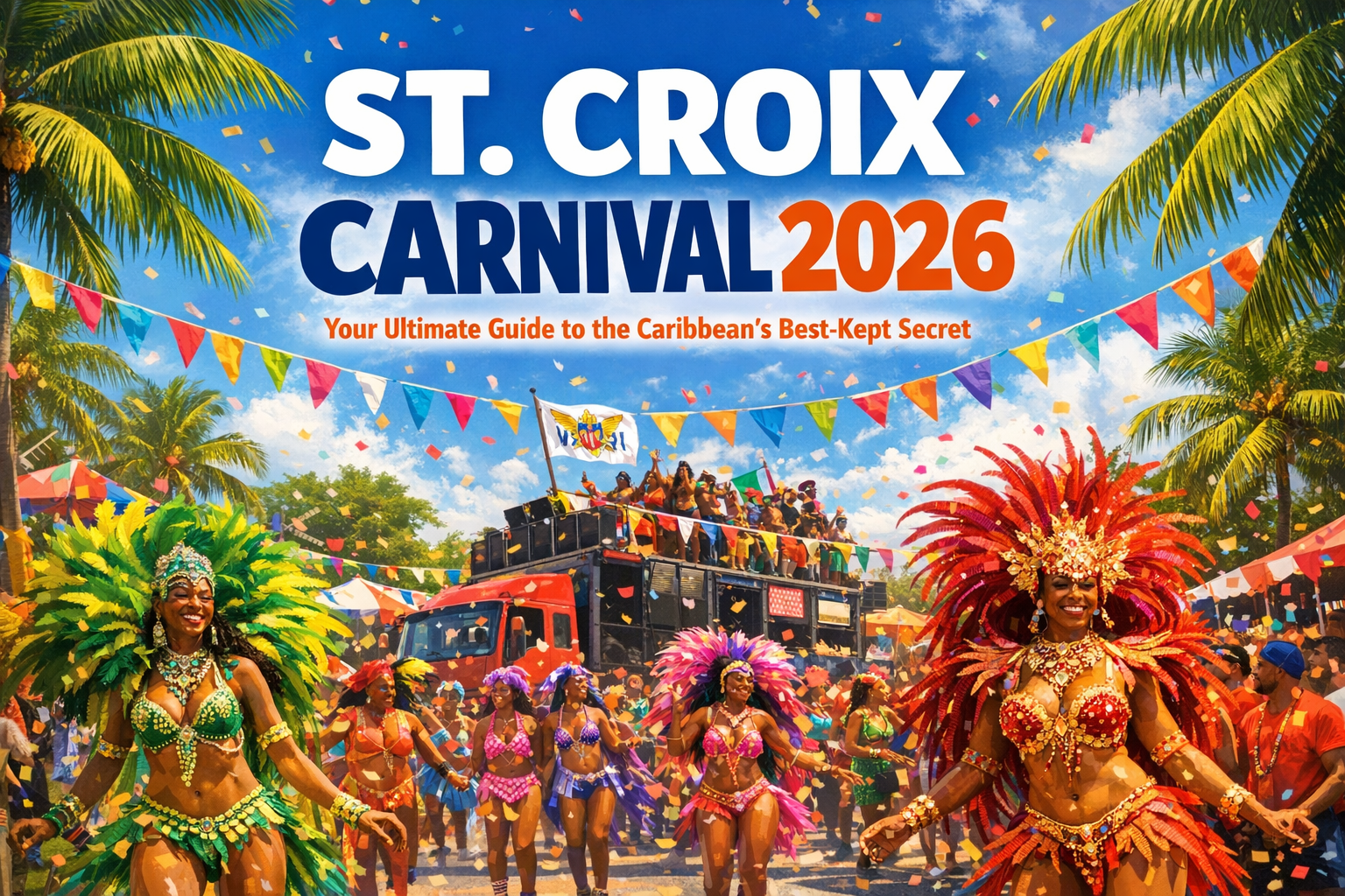 Create a vibrant 1536x1024 landscape cover image showing a colorful St. Croix carnival parade scene with costumed dancers, music trucks, and