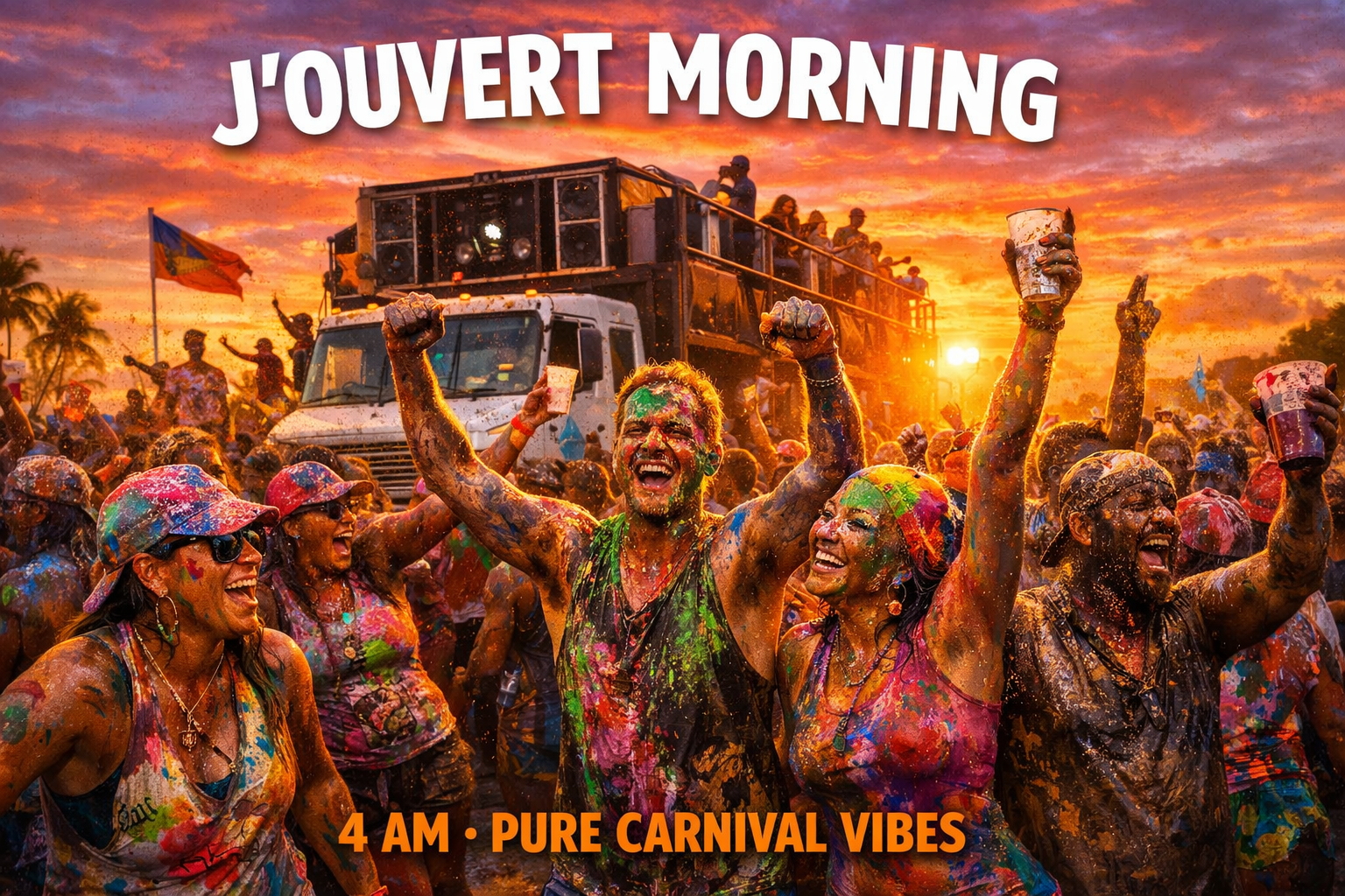 Create a 1024x1024 square image depicting J'ouvert Morning at St. Croix Carnival. Show people covered in colorful paint, mud, and powder cel