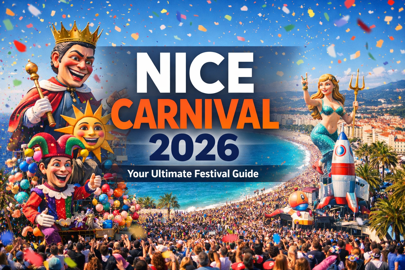 Create a stunning landscape cover image (1536x1024) featuring the Nice Carnival with massive colorful papier-mâché floats along the Promenad