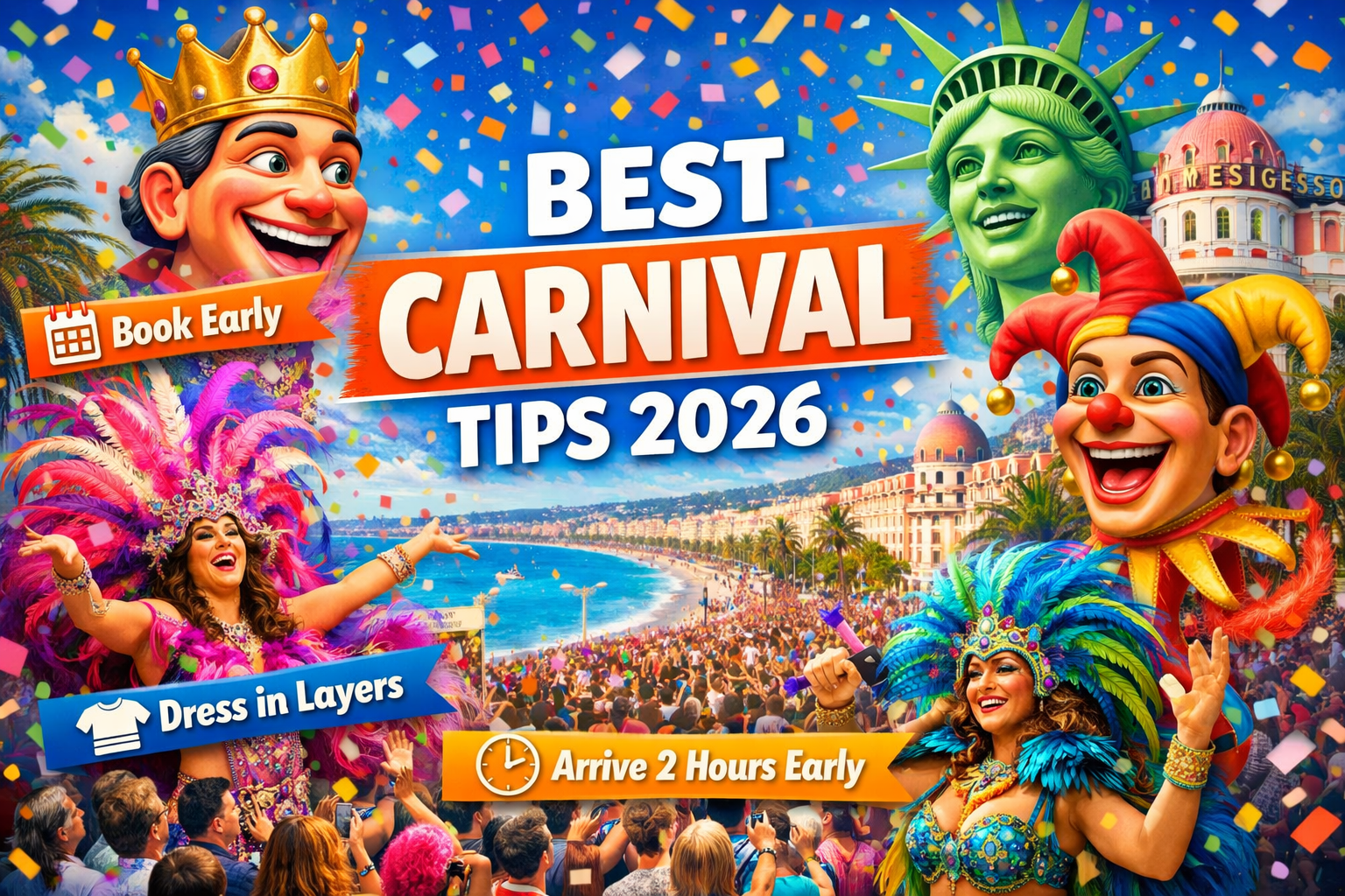 Create a square image (1024x1024) showing a vibrant collage of Nice Carnival elements: colorful papier-mâché float heads, performers in elab