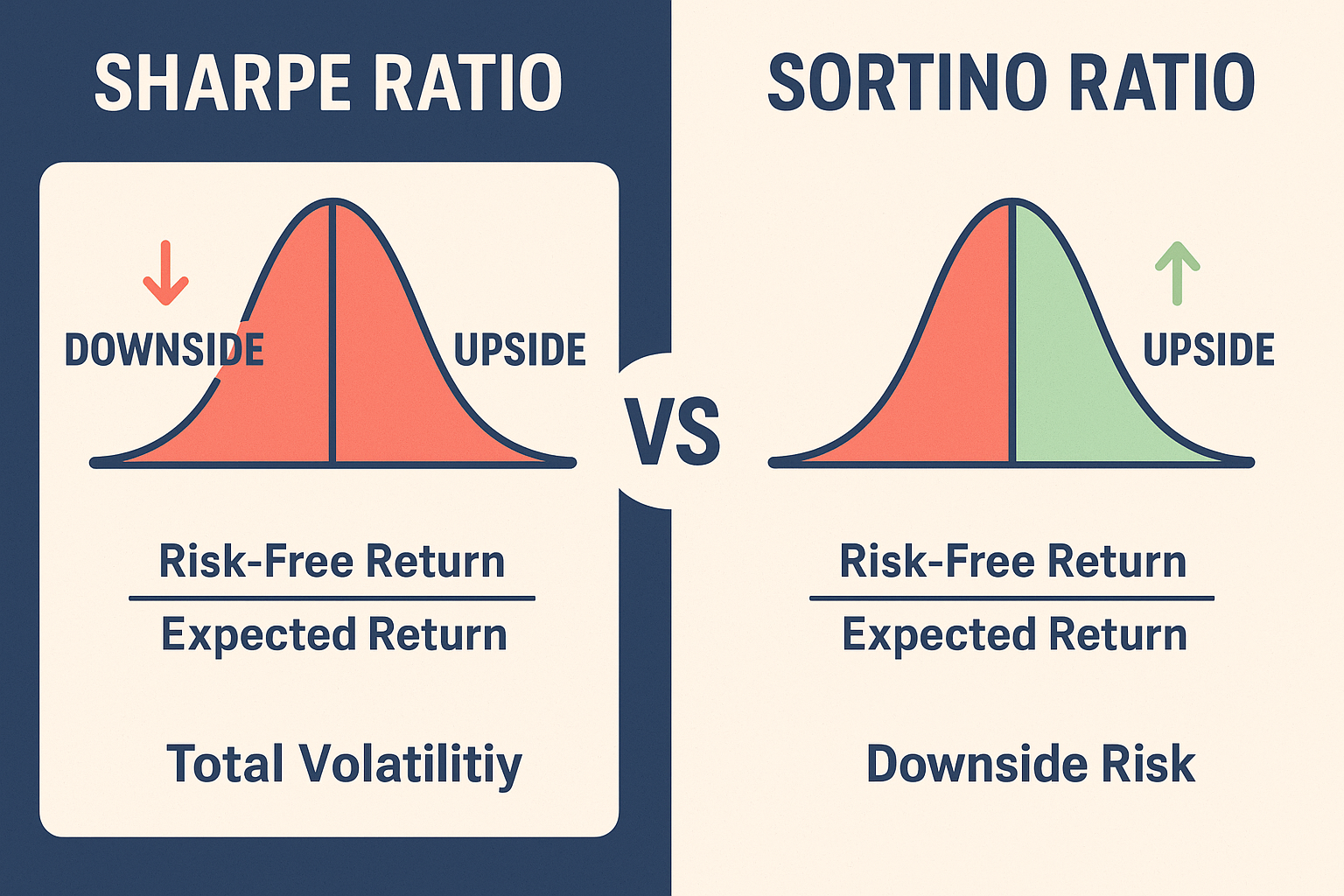 Infographic in 1536x1024 landscape format comparing Sharpe Ratio vs Sortino Ratio. Split screen design. Left side labeled "SHARPE RATIO" sho