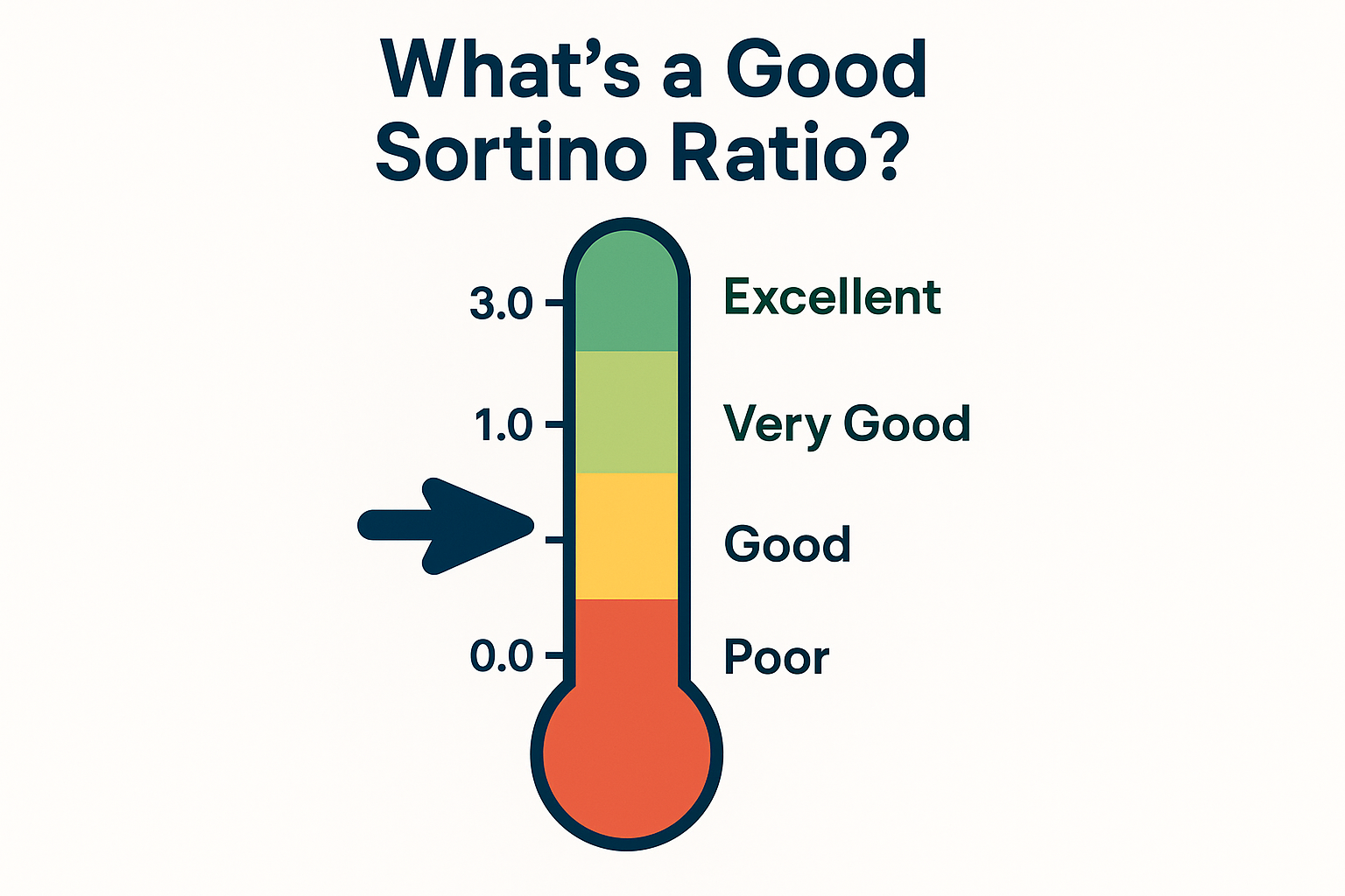 Square 1024x1024 format illustration showing a Sortino Ratio interpretation scale. Vertical thermometer or gauge design ranging from 0 to 3.