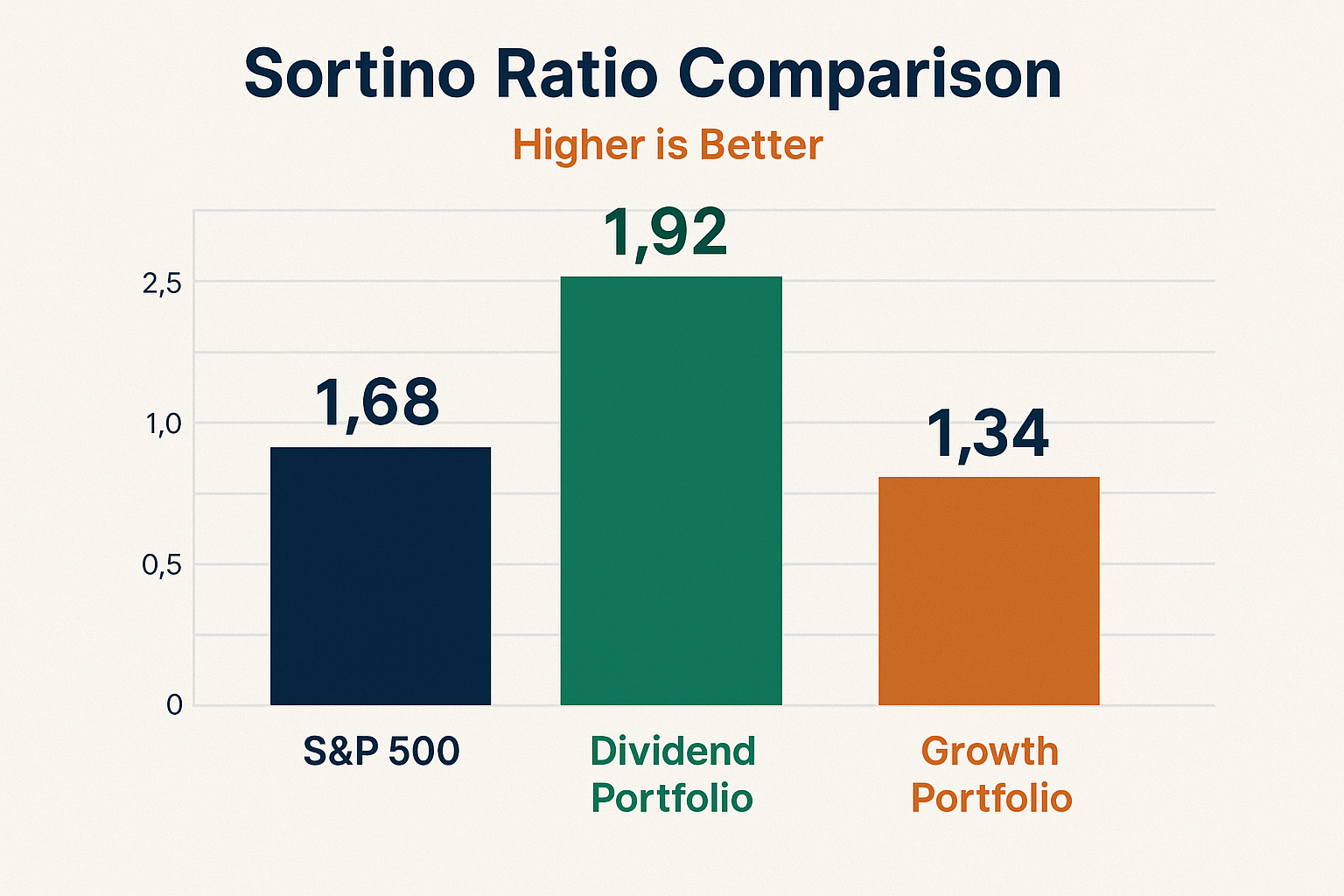 Square 1024x1024 format showing portfolio performance comparison. Three vertical bars representing different portfolios. Left bar: "S&P 500"