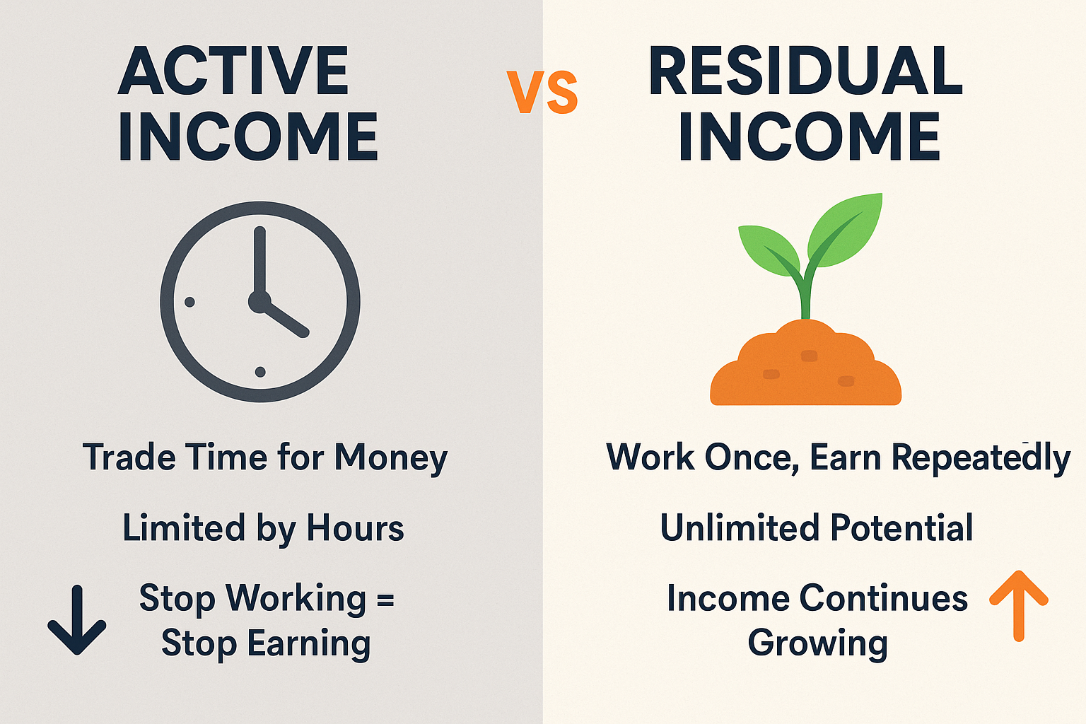 Create a visual comparison chart (1536x1024 landscape) titled "Active Income vs Residual Income" split down the middle. Left side (Active In