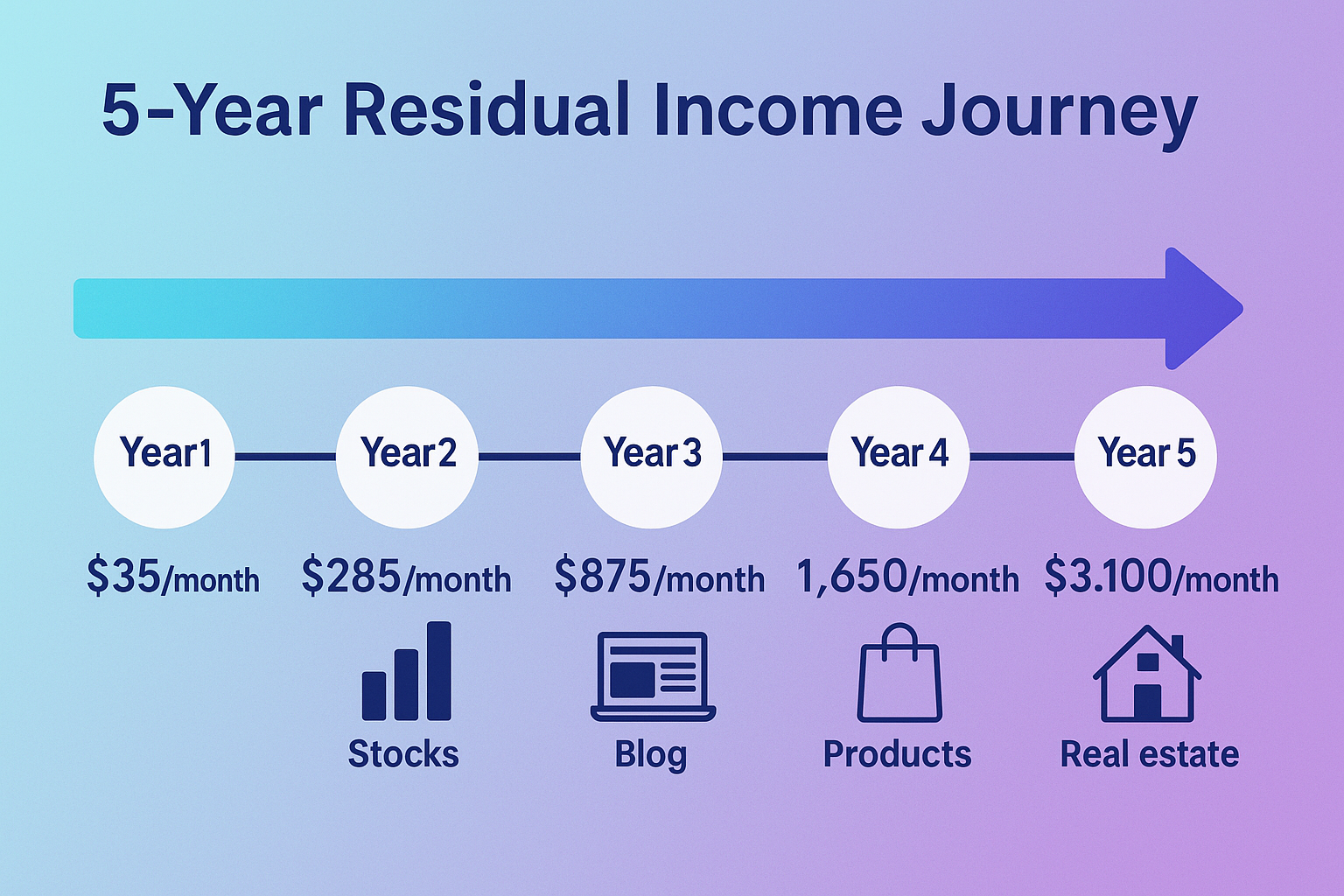 Create a timeline visualization (1536x1024 landscape) titled "5-Year R I Journey" showing progression from Year 1 to Year 5. Use